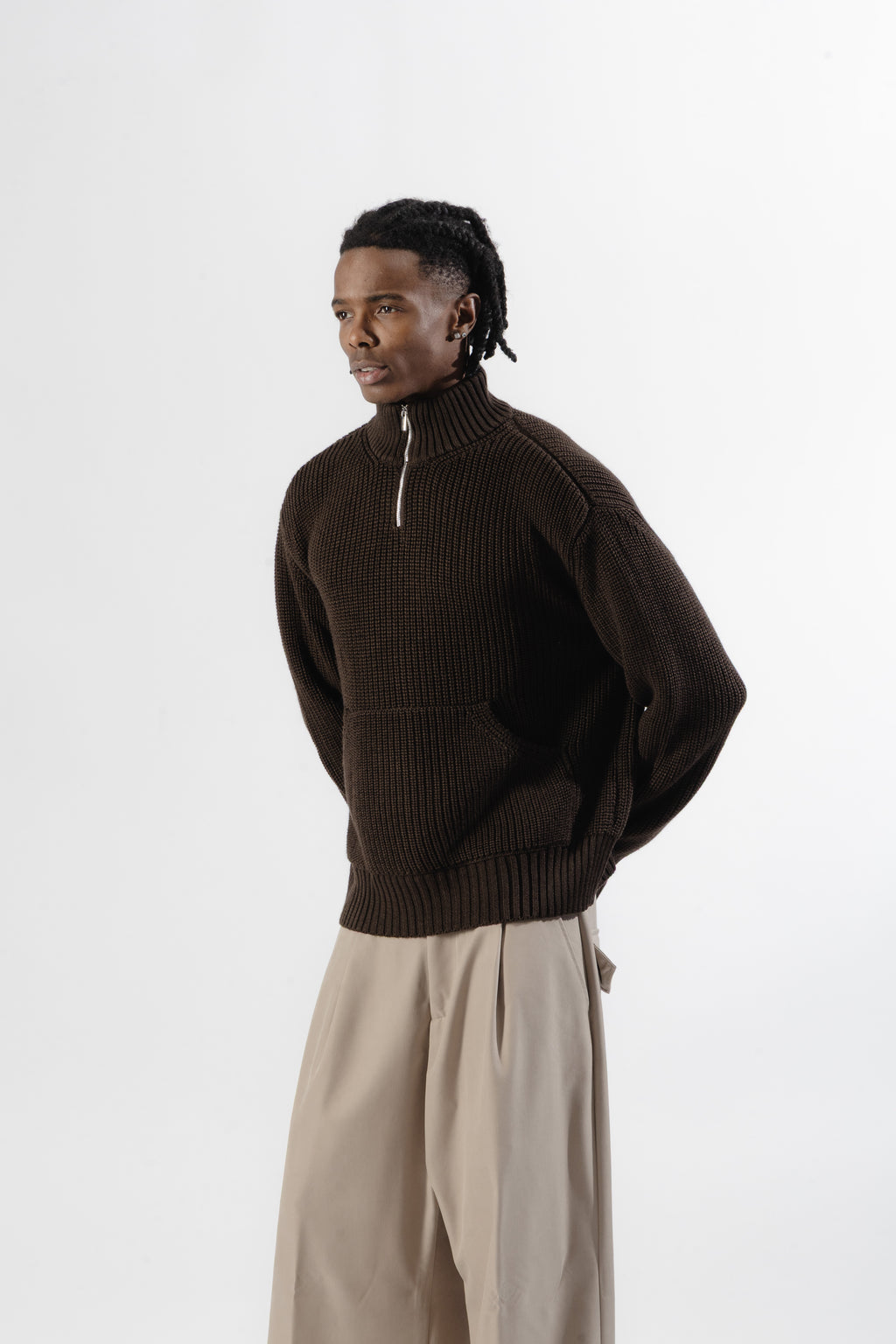 Brown Quarter Zip Knit Sweater