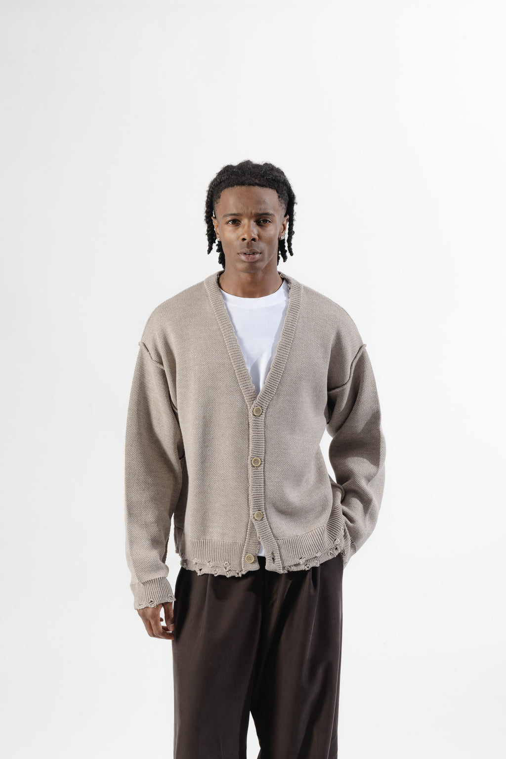Beige Distressed Knit Cardigan