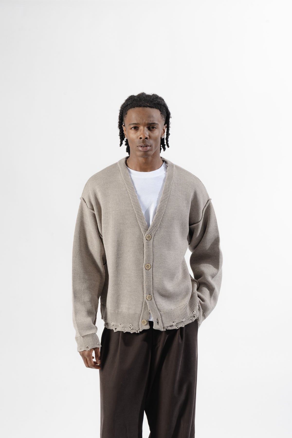 Beige Distressed Knit Cardigan