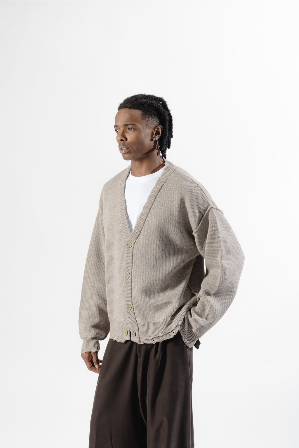 Beige Distressed Knit Cardigan