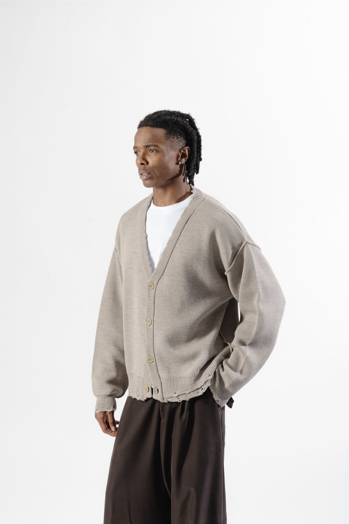 Beige Distressed Knit Cardigan