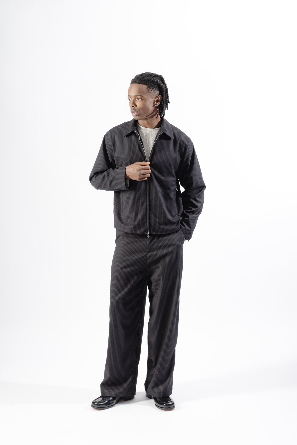 Black Pinstripe Tailored Zip Jacket