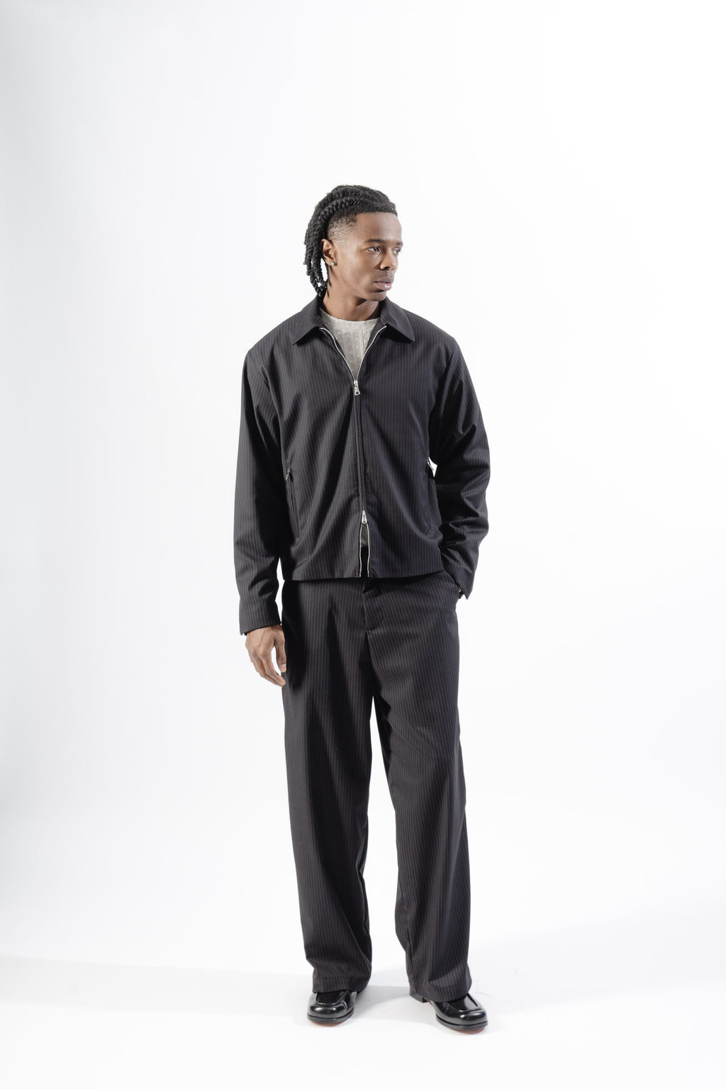 Black Pinstripe Tailored Zip Jacket