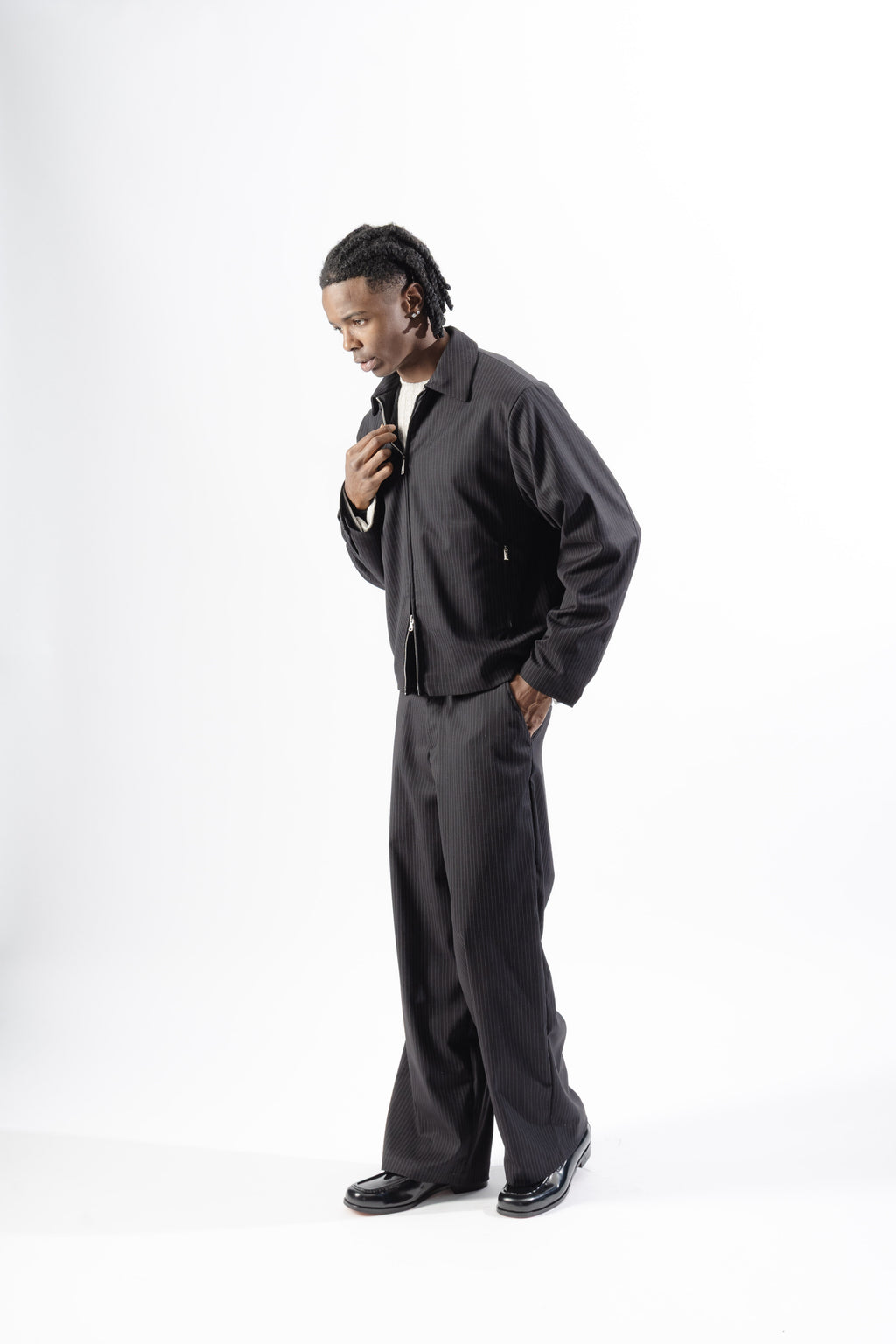 Black Pinstripe Tailored Zip Jacket