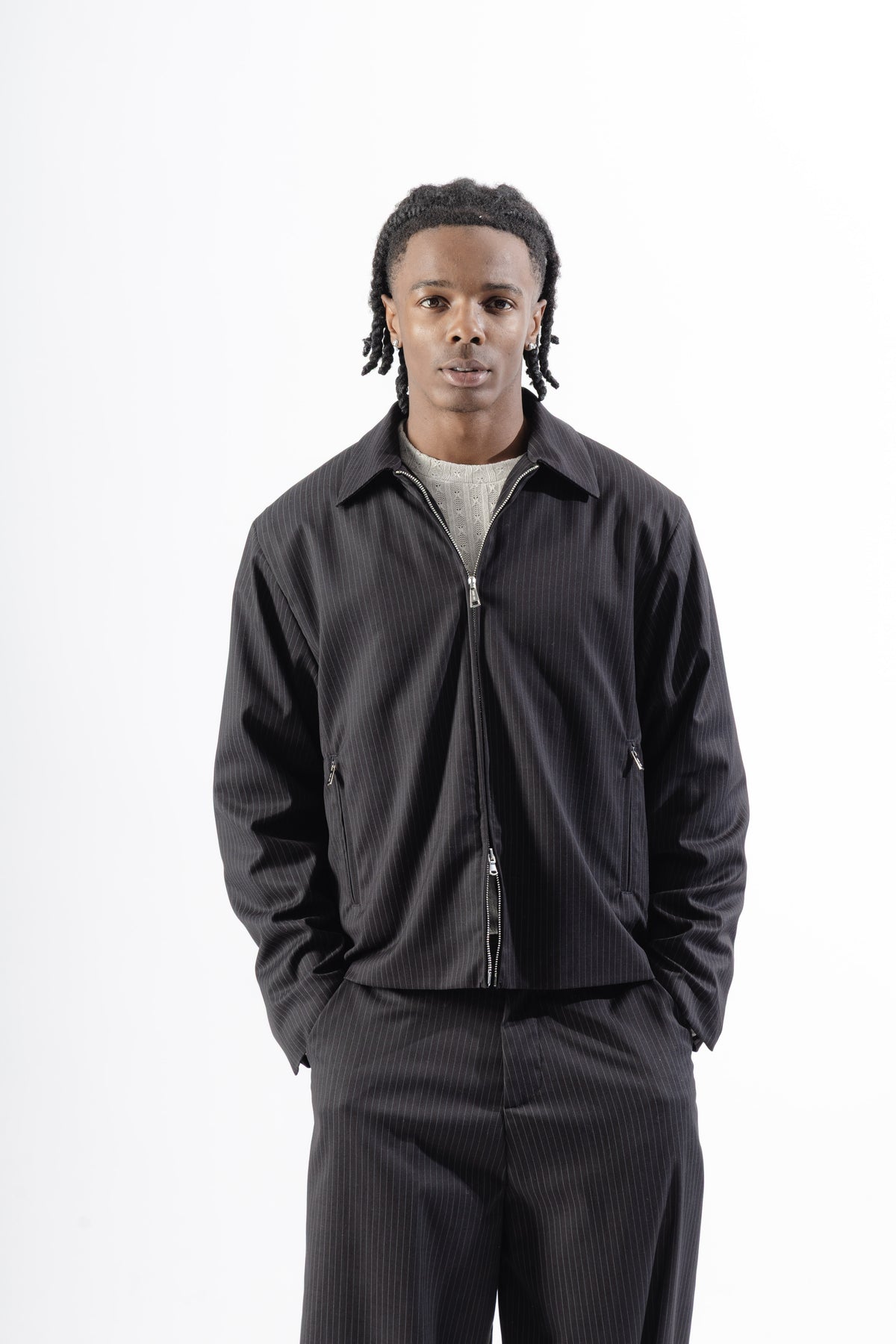 Black Pinstripe Tailored Zip Jacket