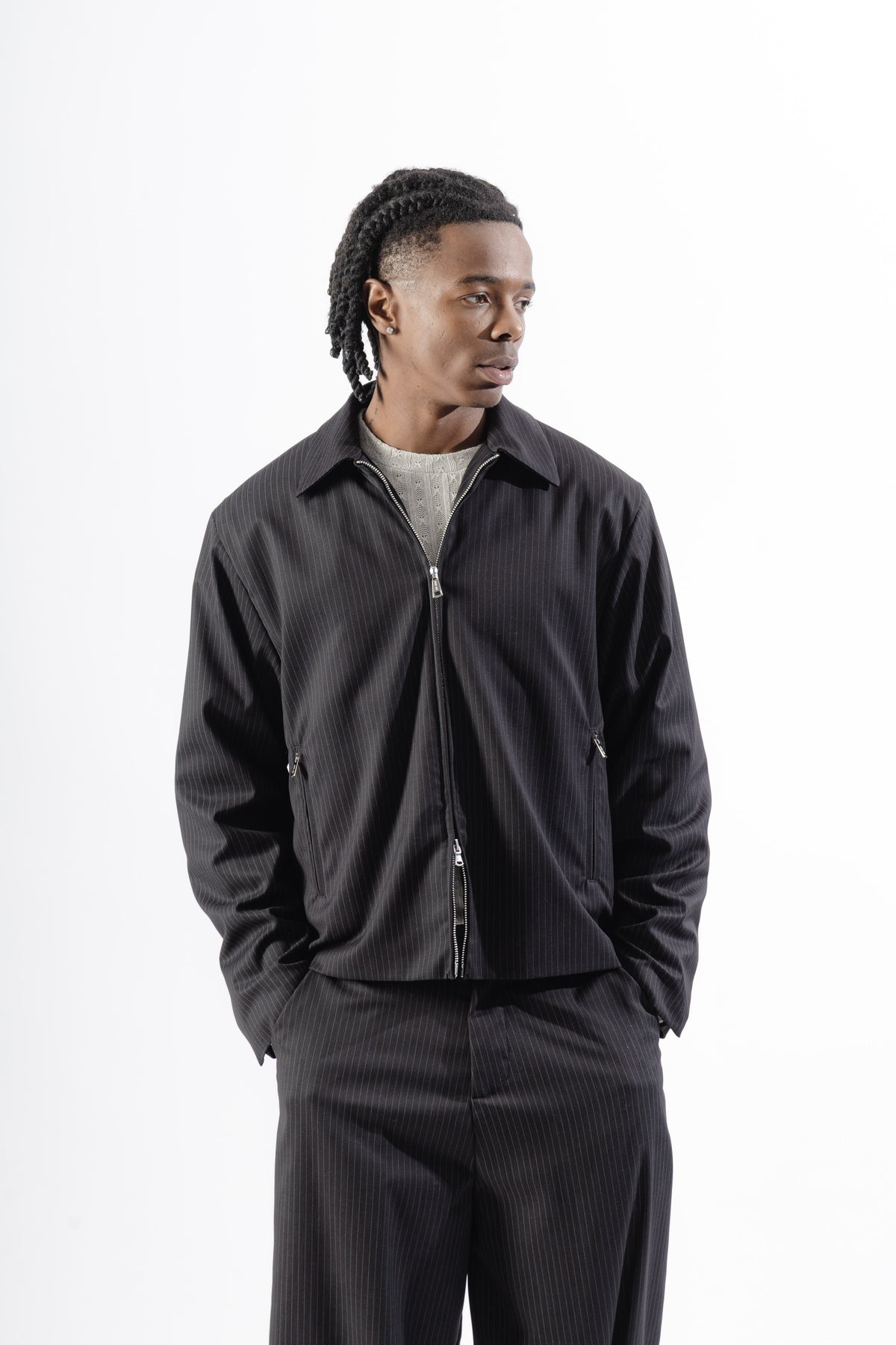 Black Pinstripe Tailored Zip Jacket