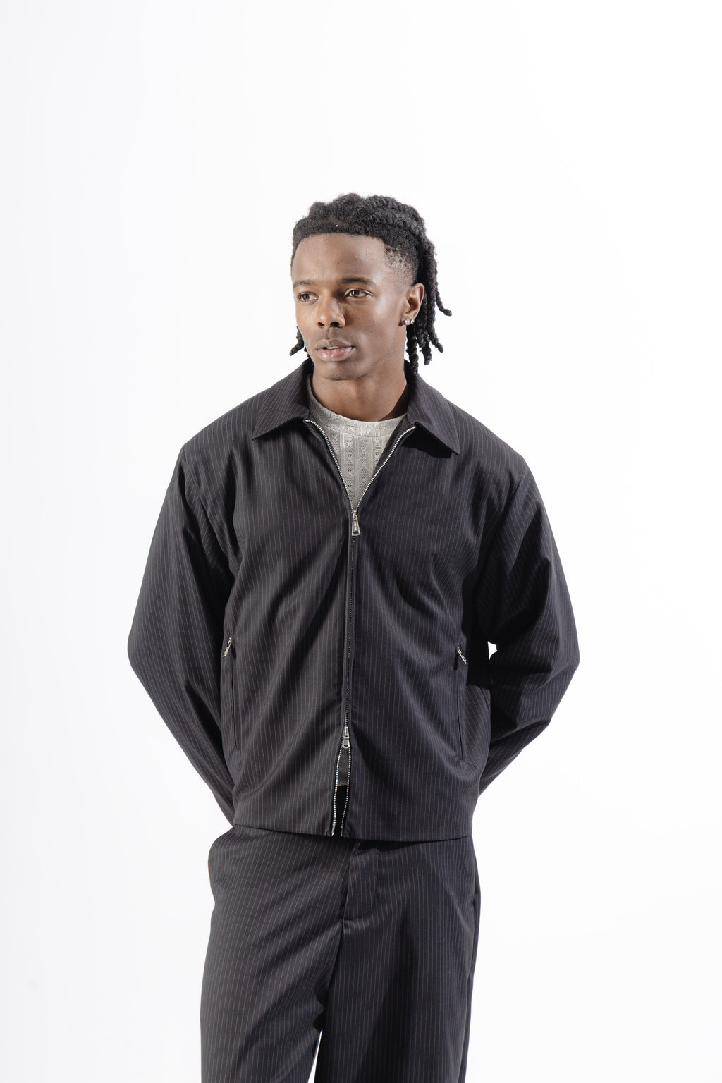 Black Pinstripe Tailored Zip Jacket