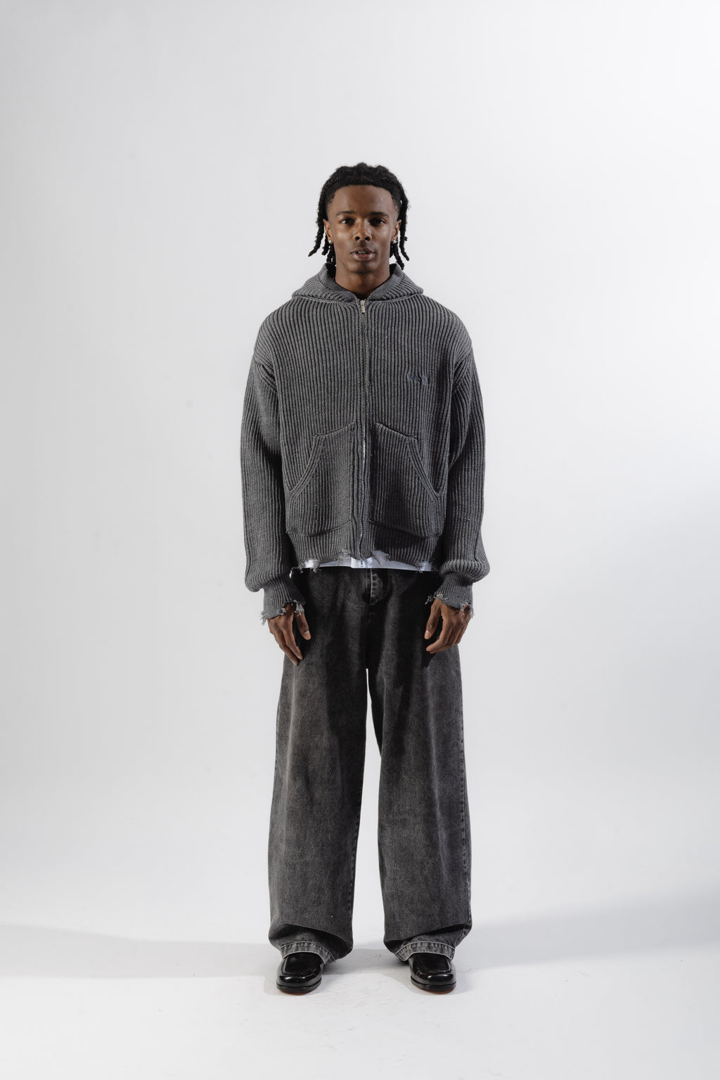 Grey Full-Zip Knit Hoodie