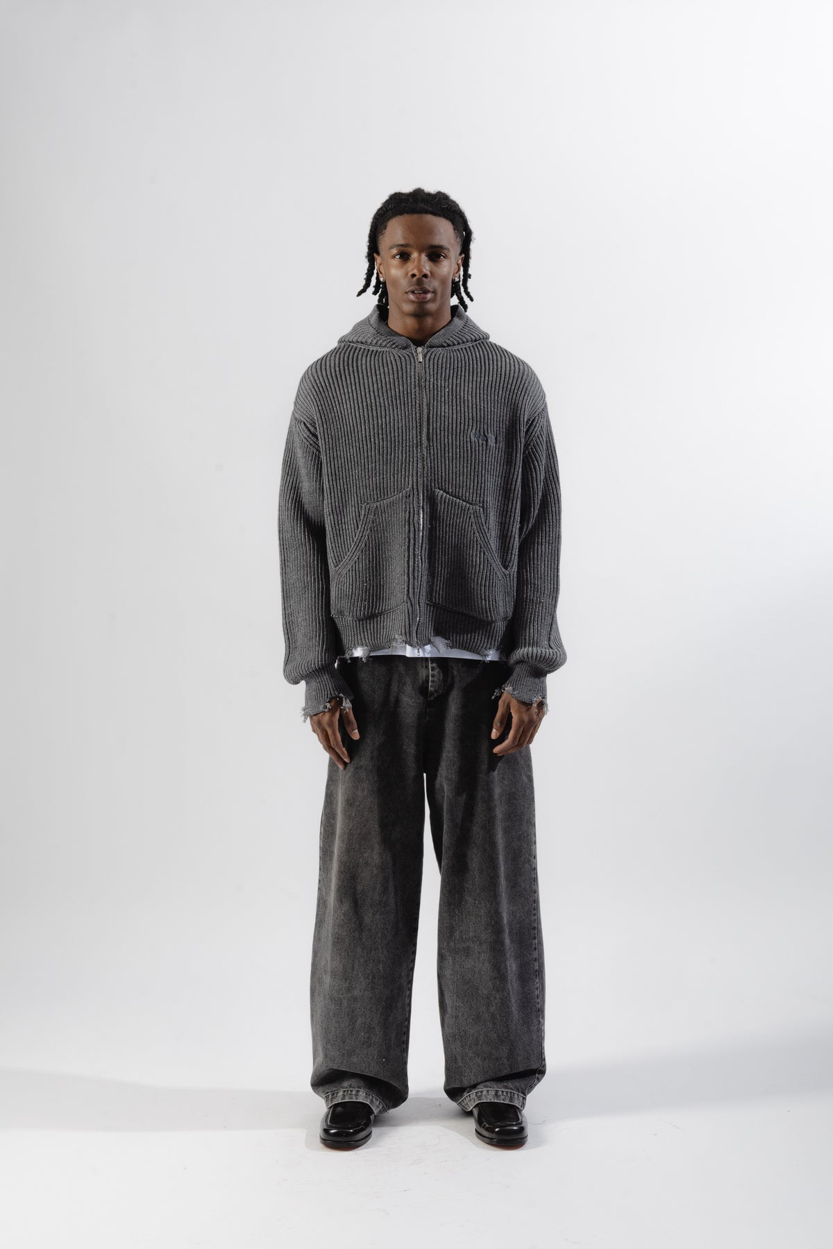 Grey Full-Zip Knit Hoodie