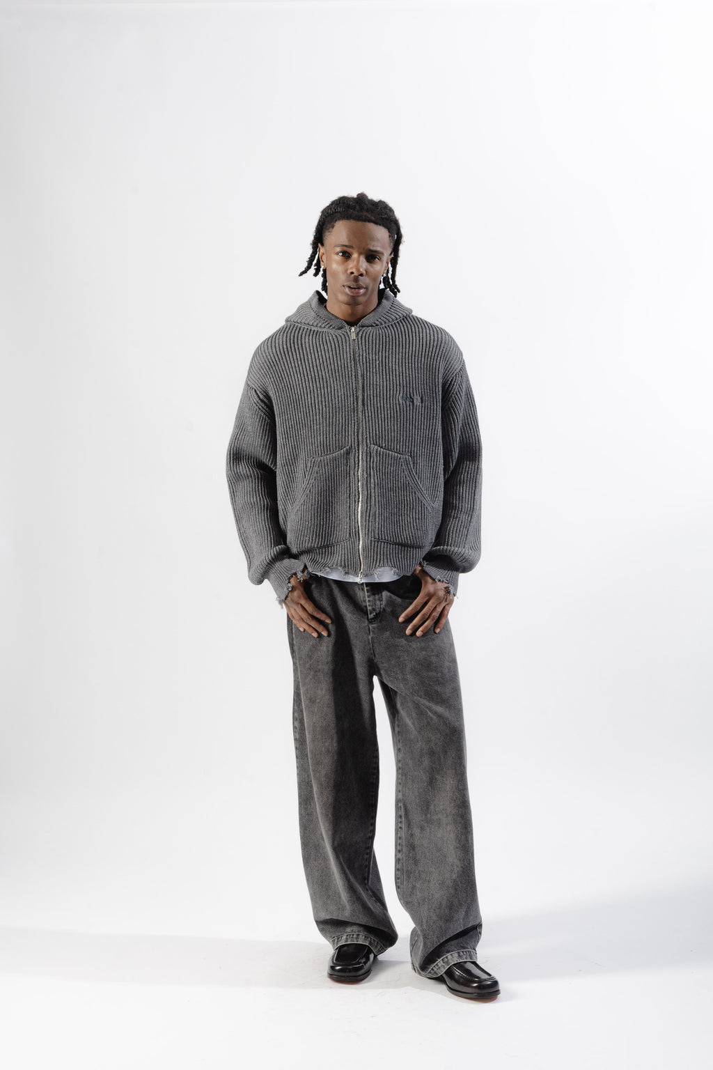 Grey Full-Zip Knit Hoodie