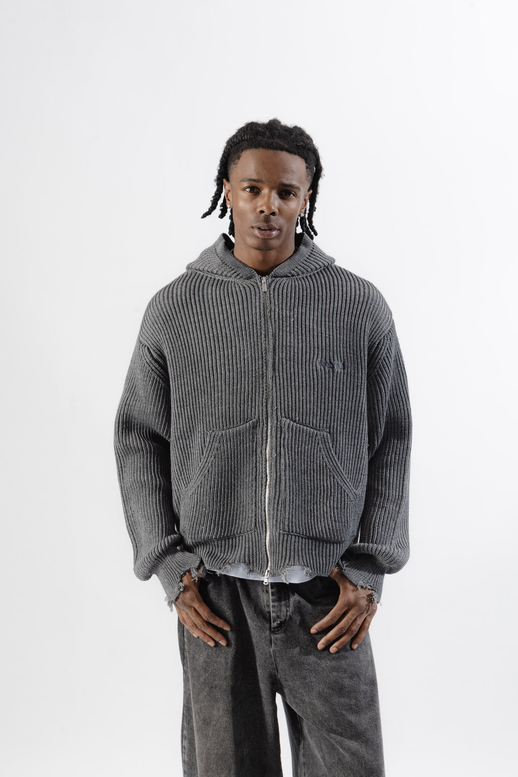 Grey Full-Zip Knit Hoodie