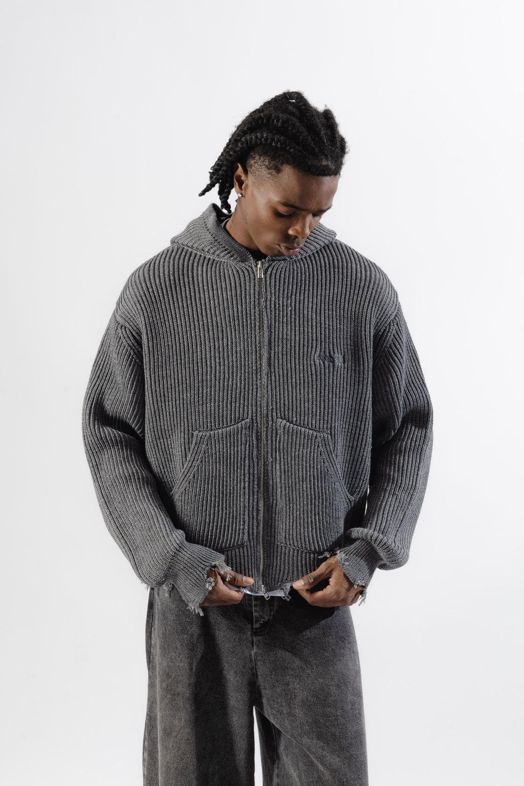 Grey Full-Zip Knit Hoodie