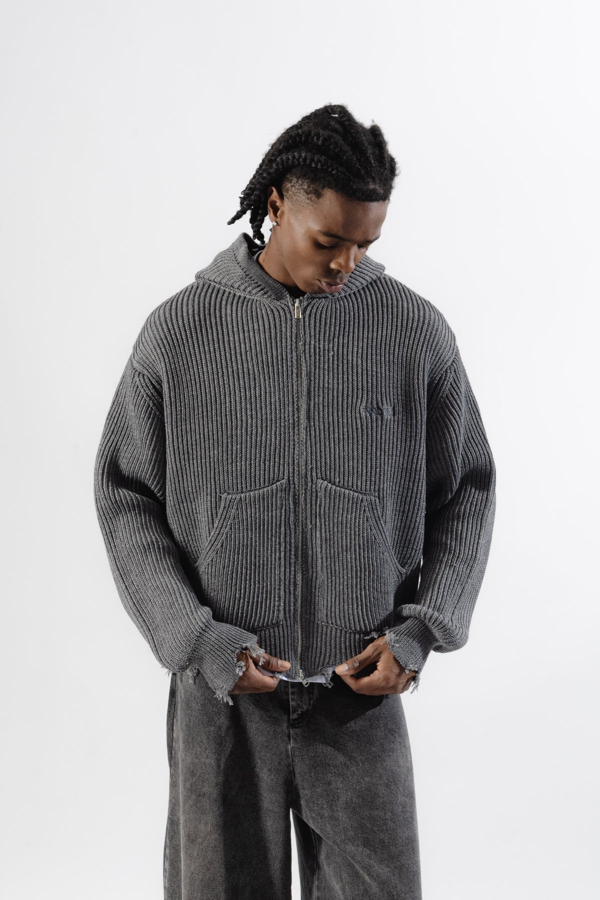 Grey Full-Zip Knit Hoodie