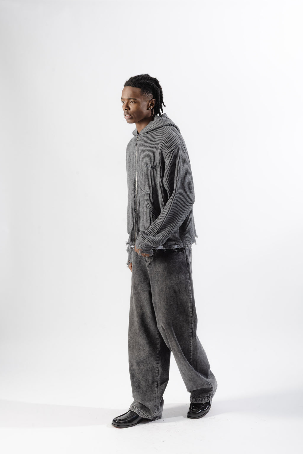 Grey Full-Zip Knit Hoodie
