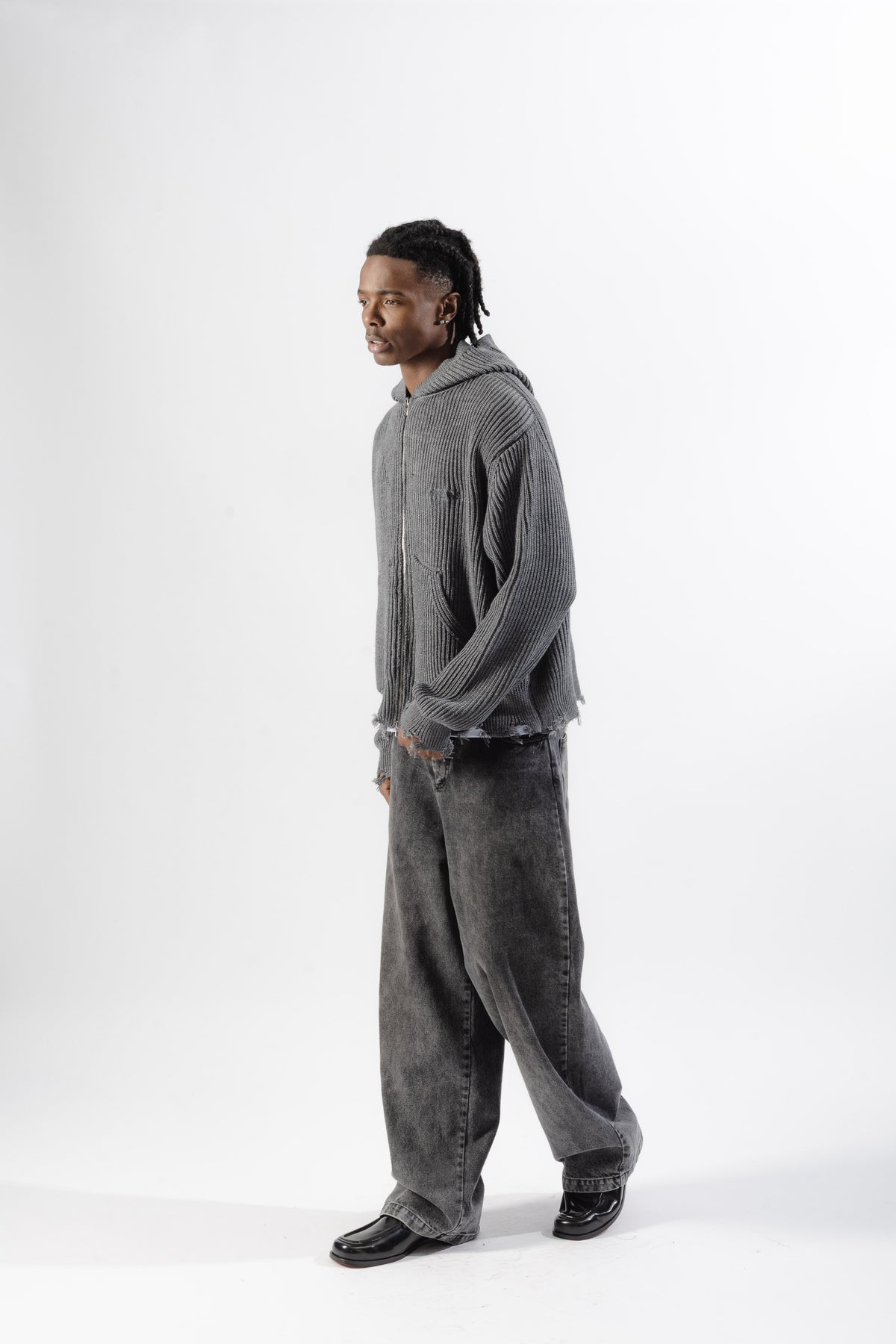 Grey Full-Zip Knit Hoodie