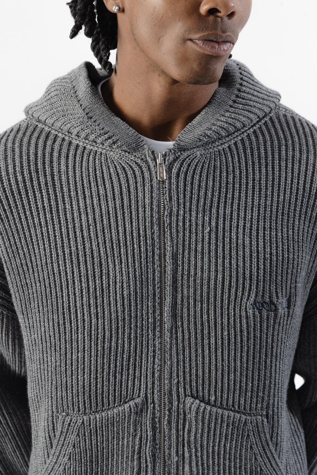 Grey Full-Zip Knit Hoodie