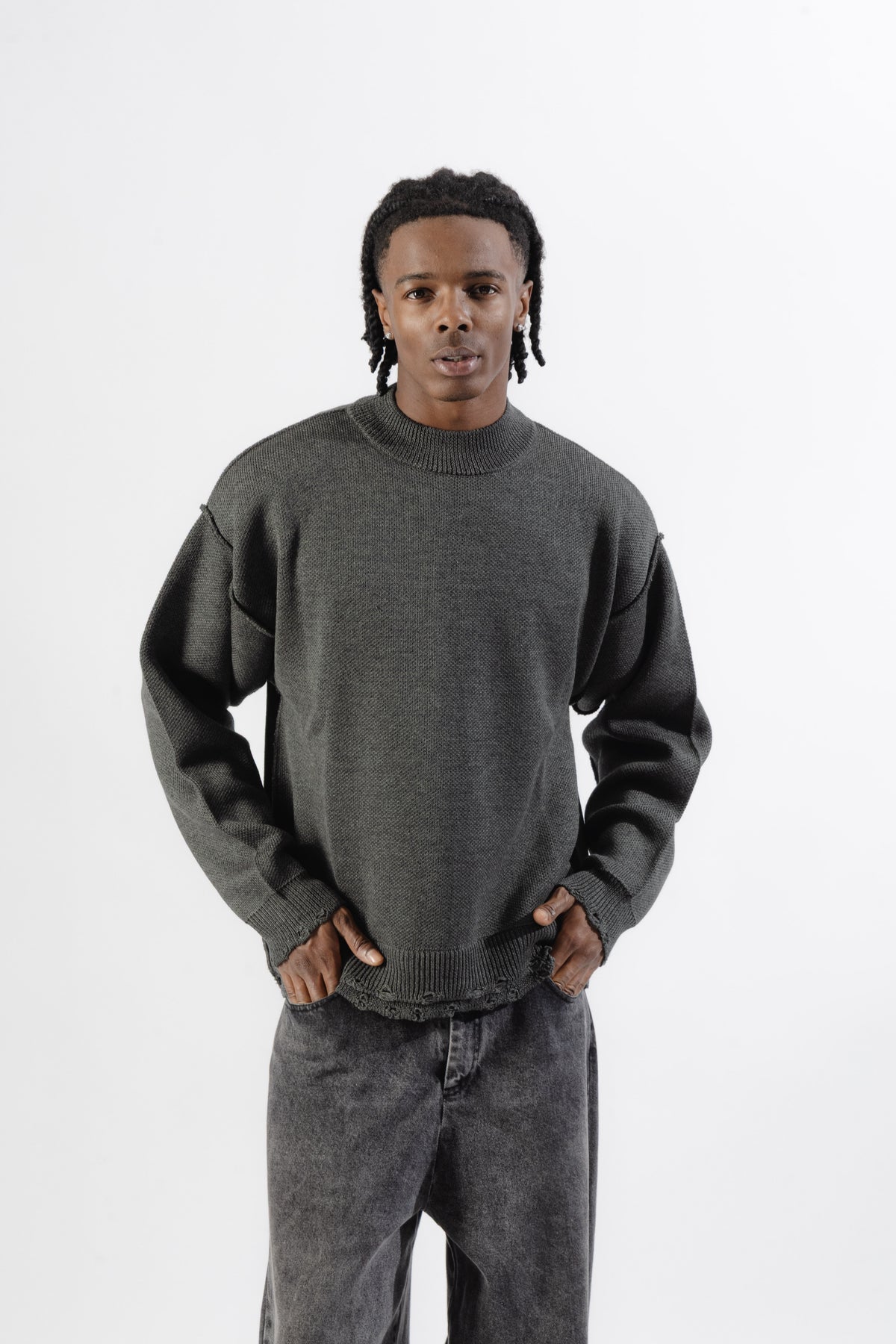 Grey Distressed Knit Sweater