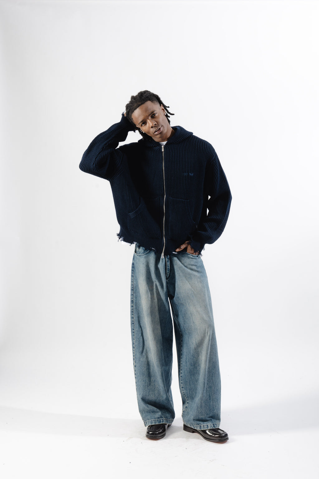 Blue Full-Zip Knit Hoodie