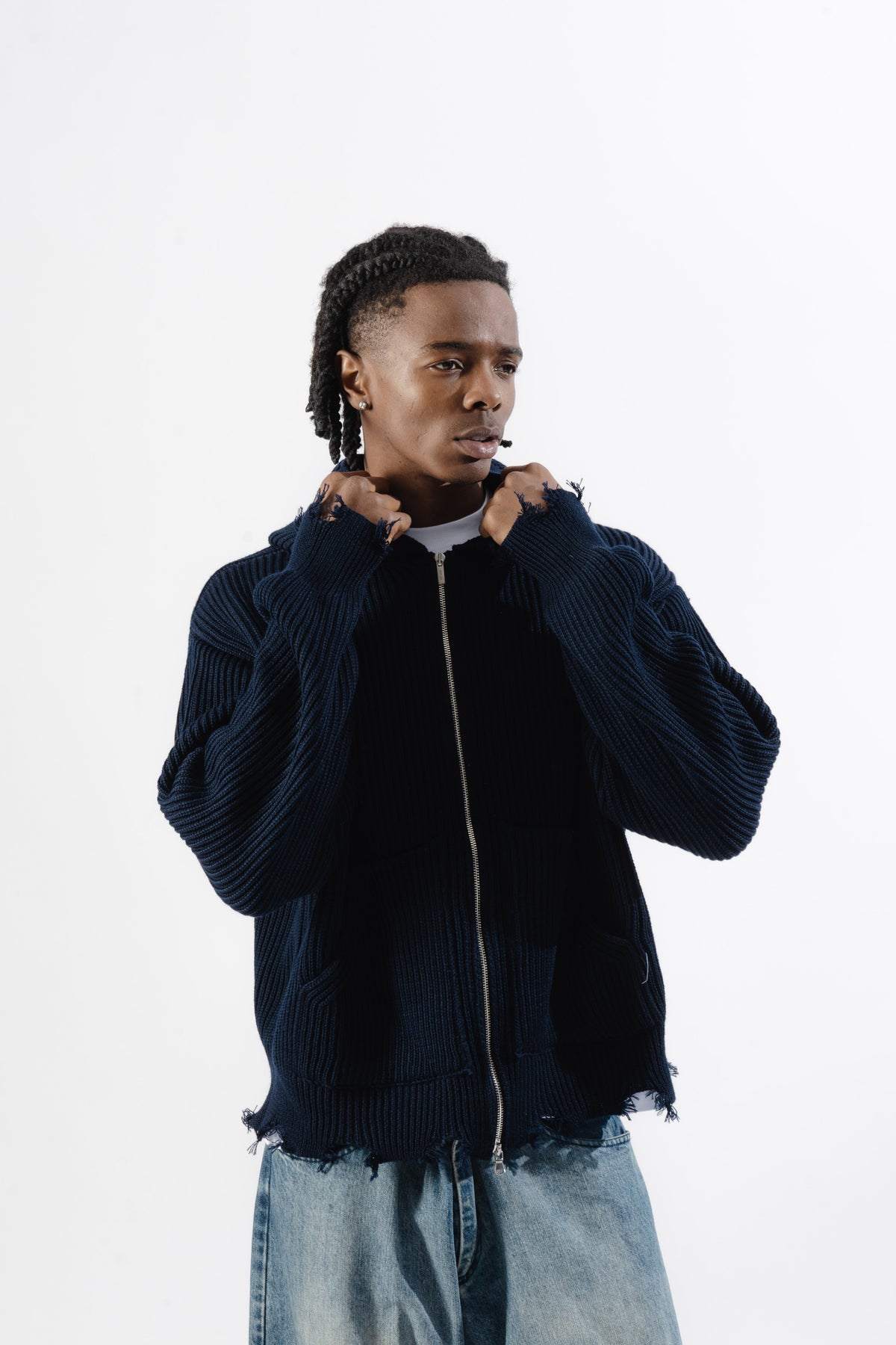 Blue Full-Zip Knit Hoodie