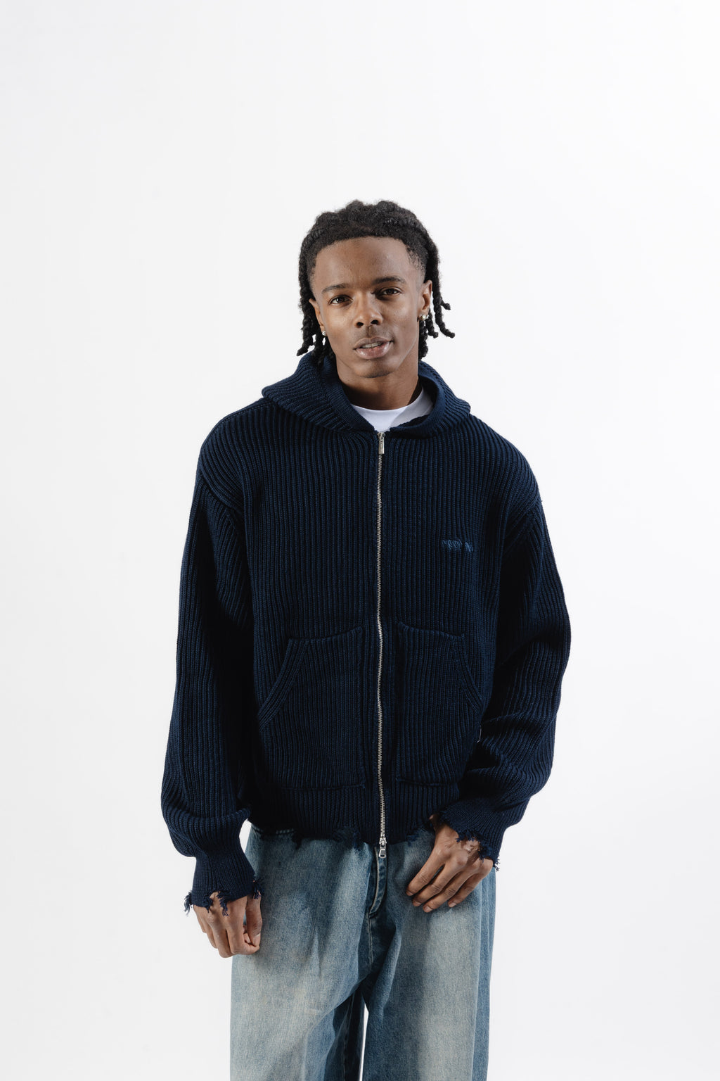 Blue Full-Zip Knit Hoodie