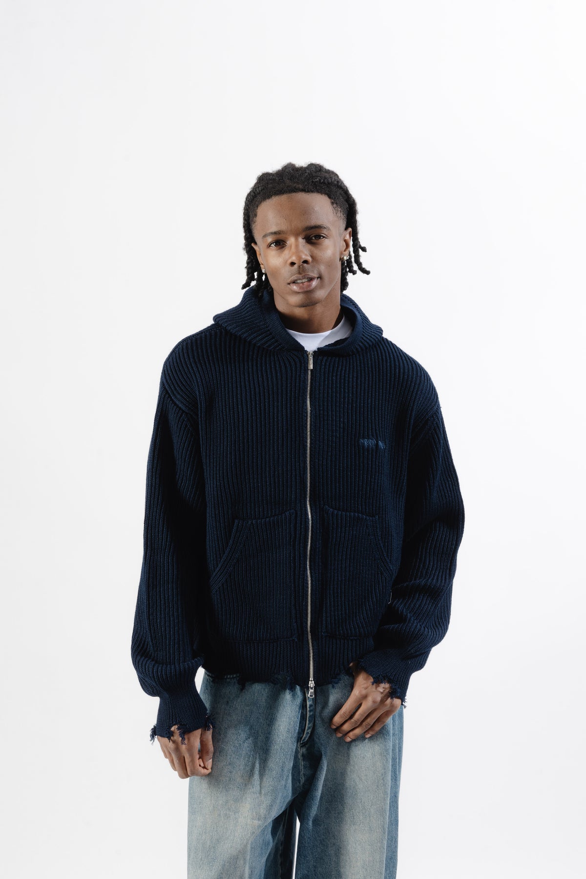 Blue Full-Zip Knit Hoodie