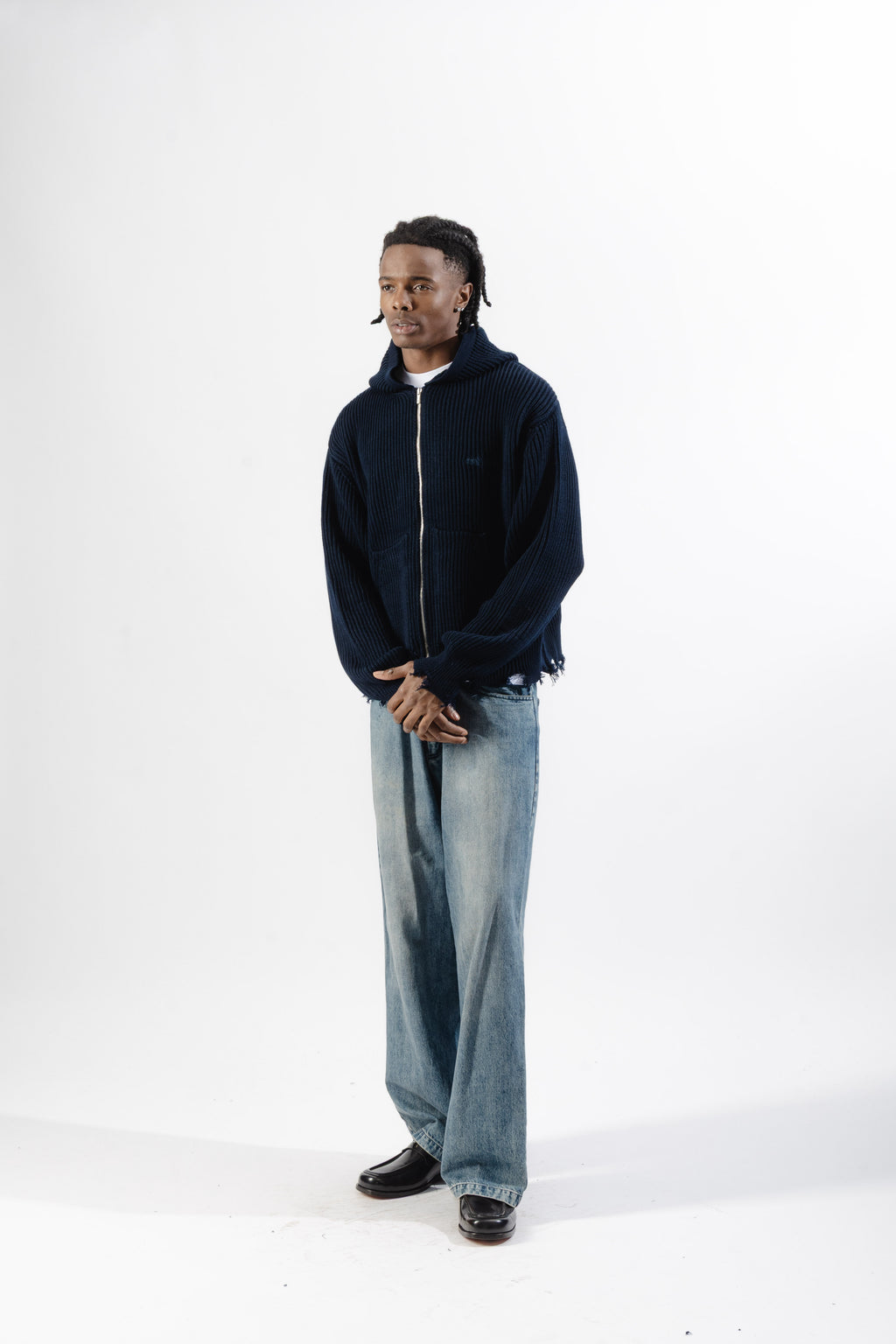 Blue Full-Zip Knit Hoodie