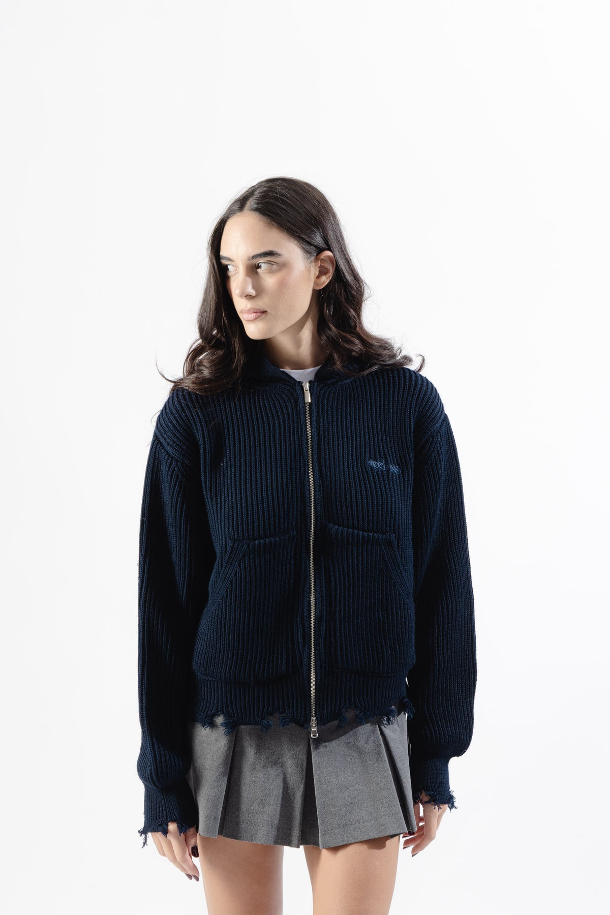 Blue Full-Zip Knit Hoodie