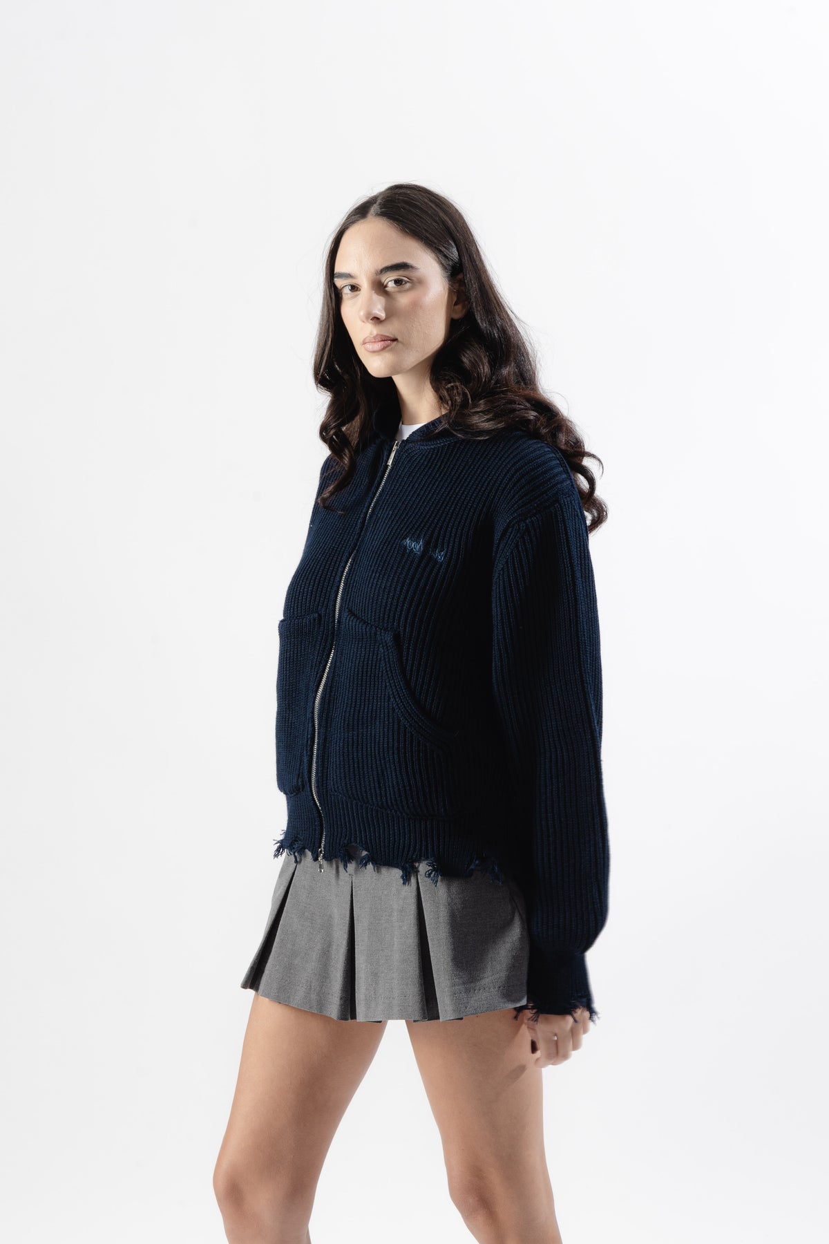 Blue Full-Zip Knit Hoodie