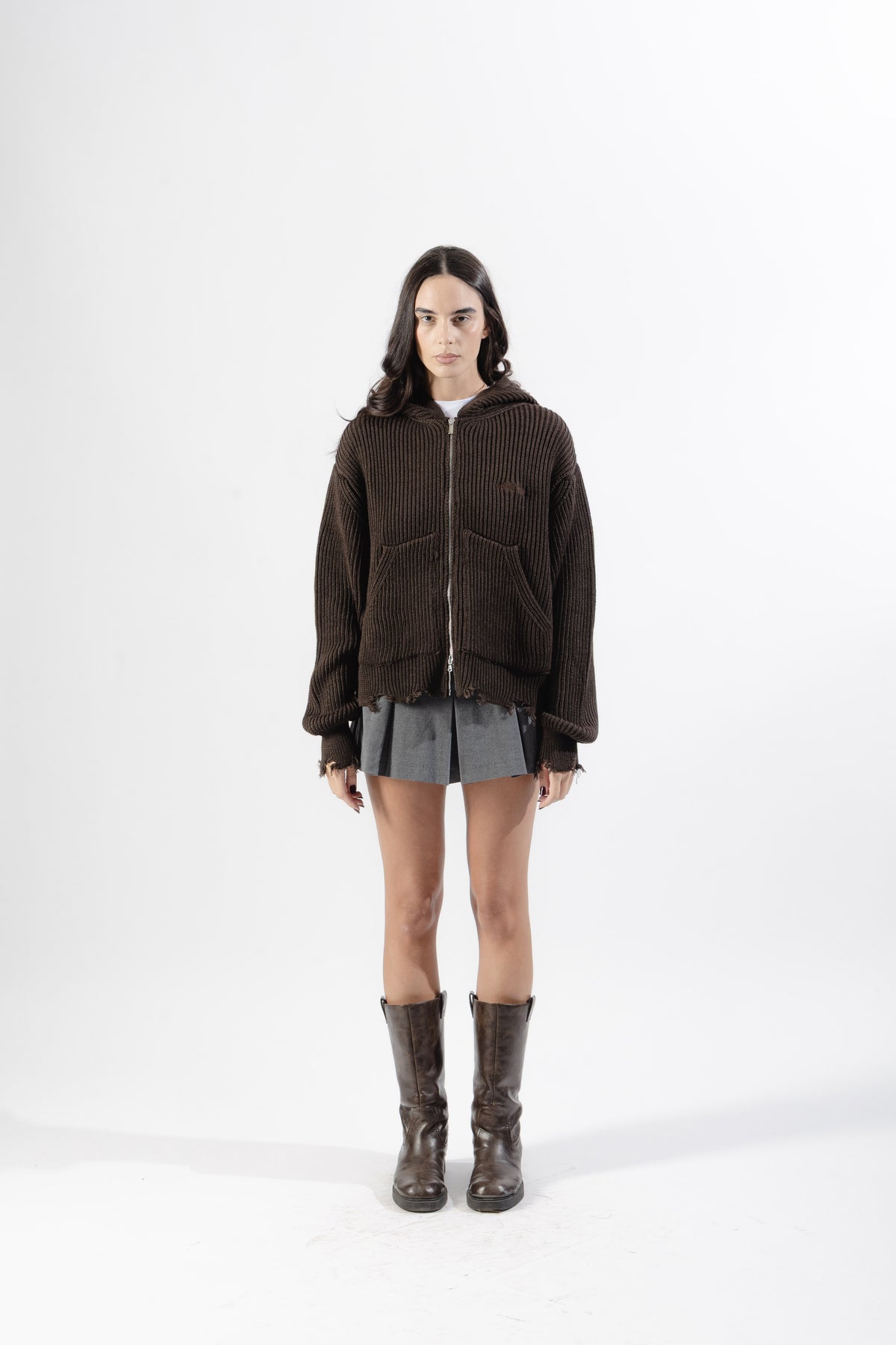Brown Full-Zip Knit Hoodie