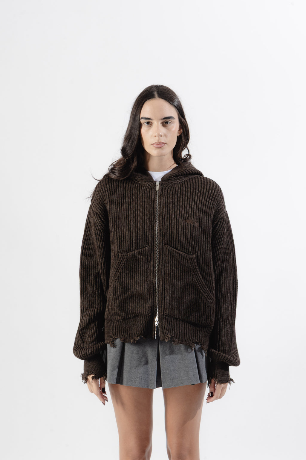 Brown Full-Zip Knit Hoodie