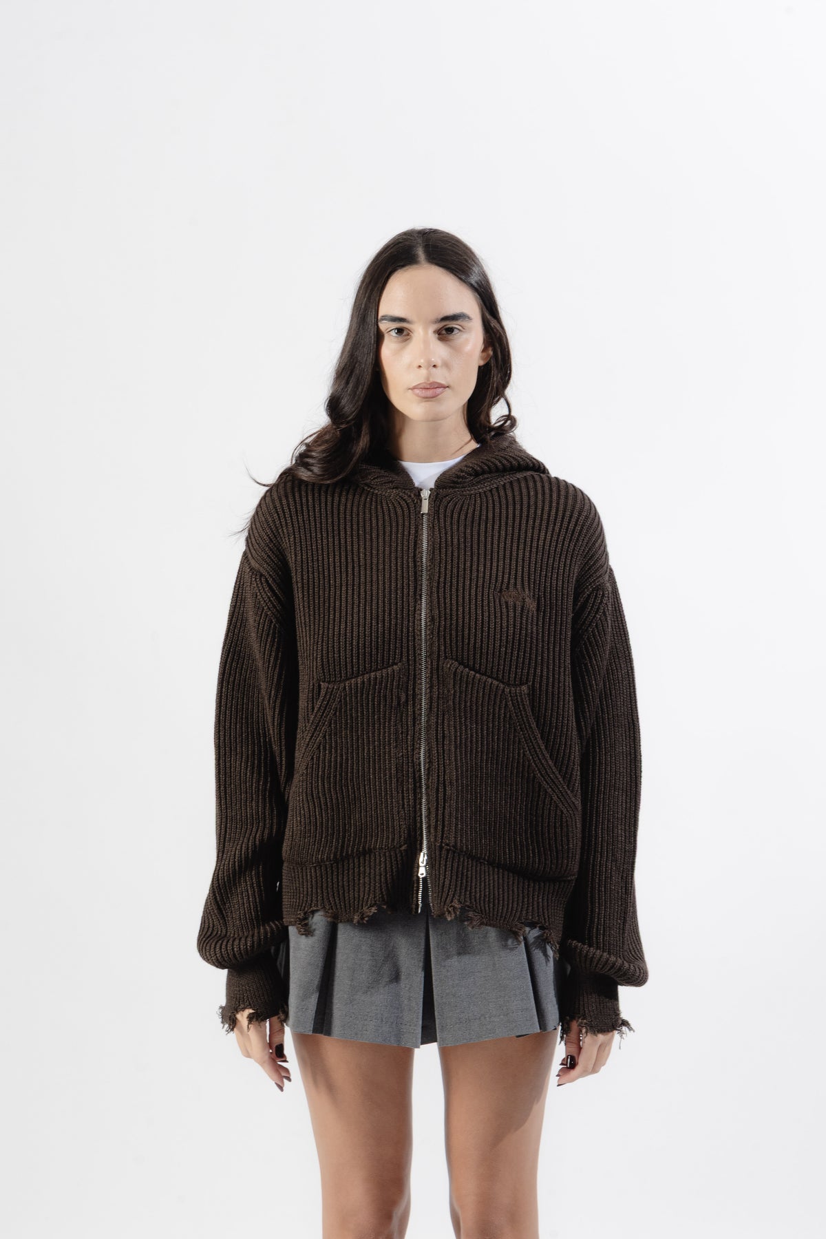 Brown Full-Zip Knit Hoodie