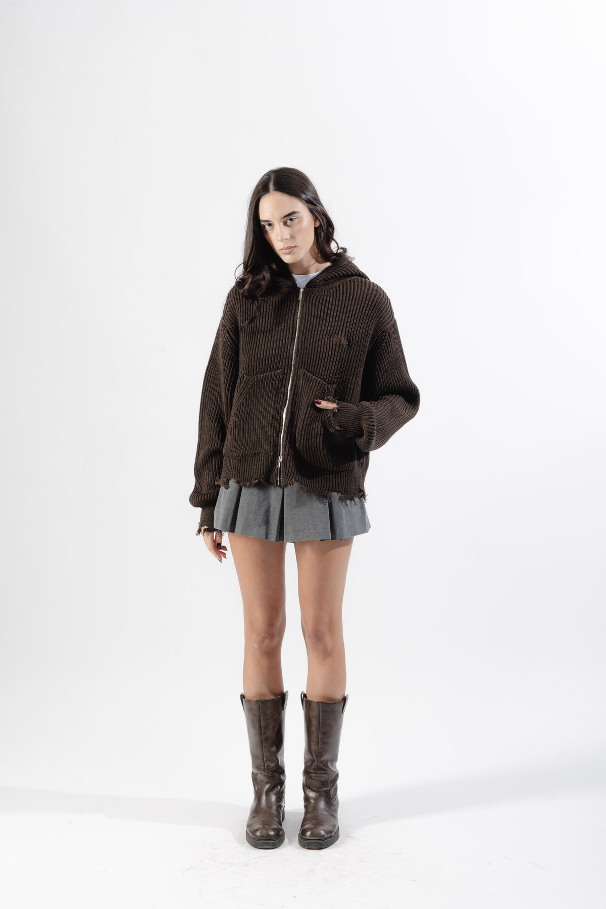 Brown Full-Zip Knit Hoodie