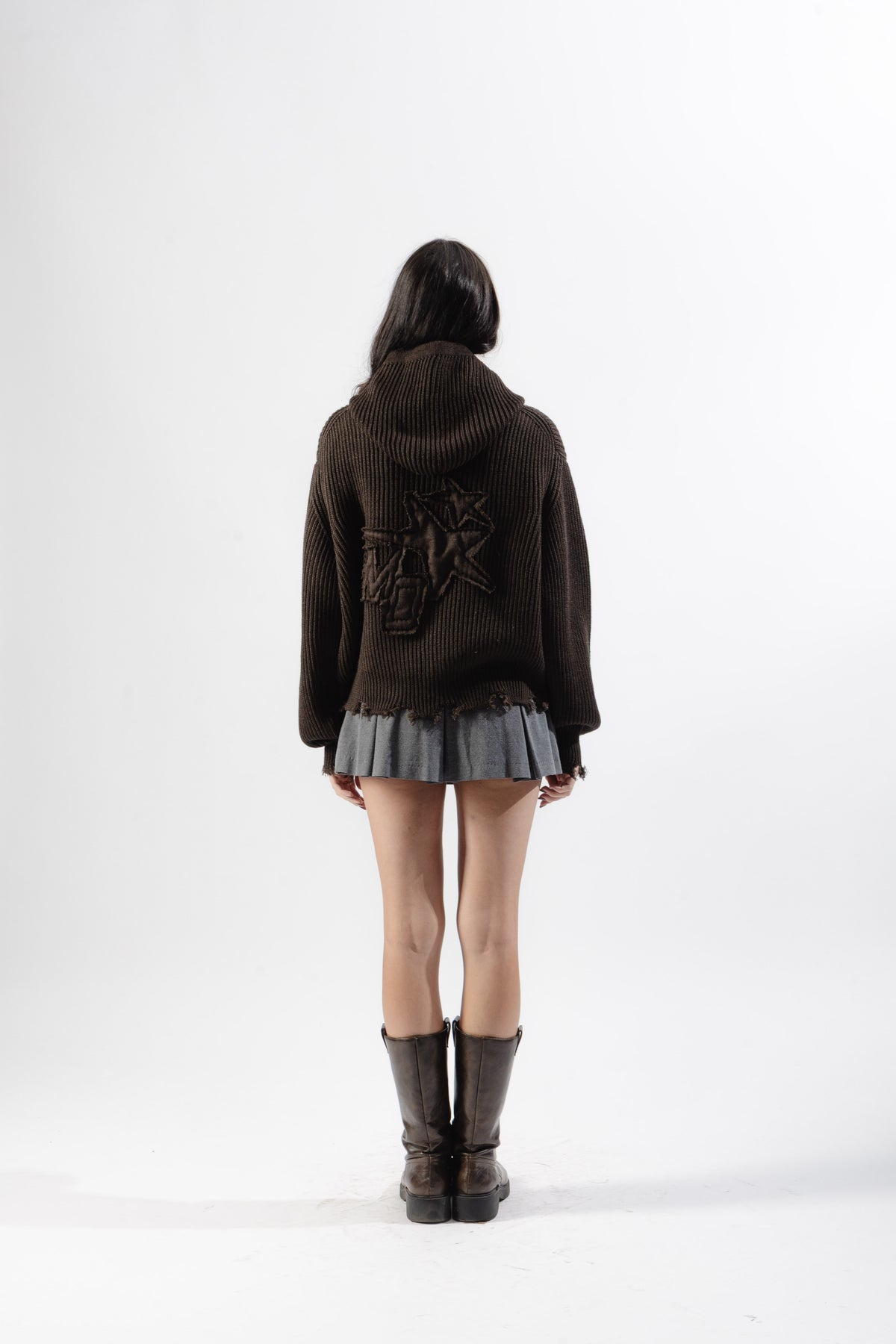 Brown Full-Zip Knit Hoodie