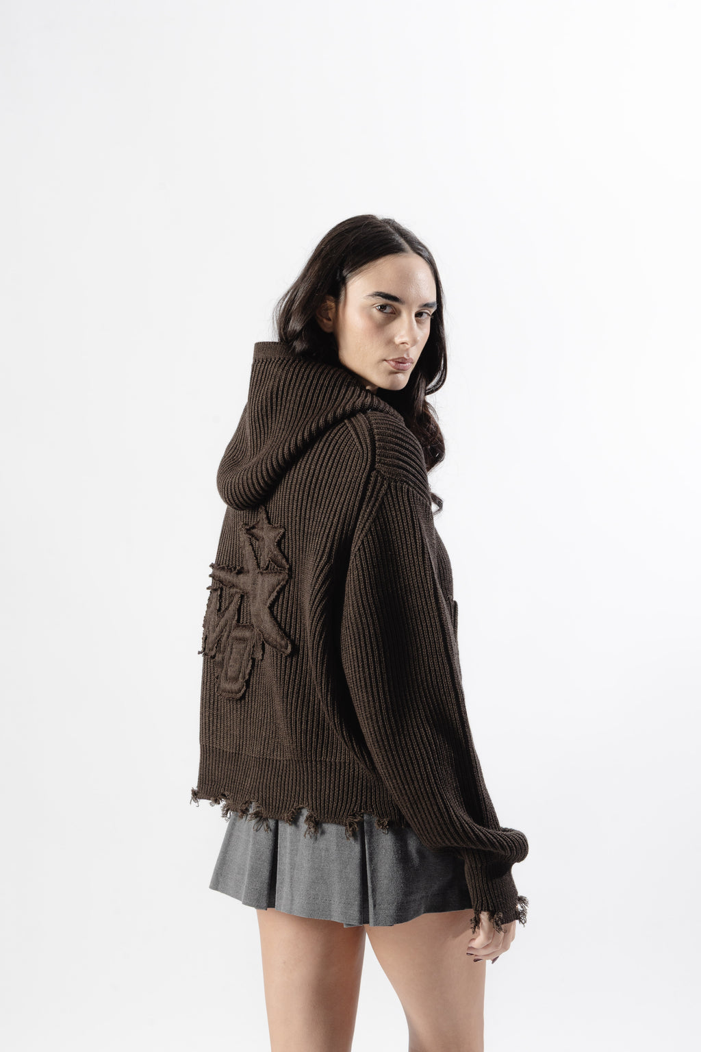 Brown Full-Zip Knit Hoodie