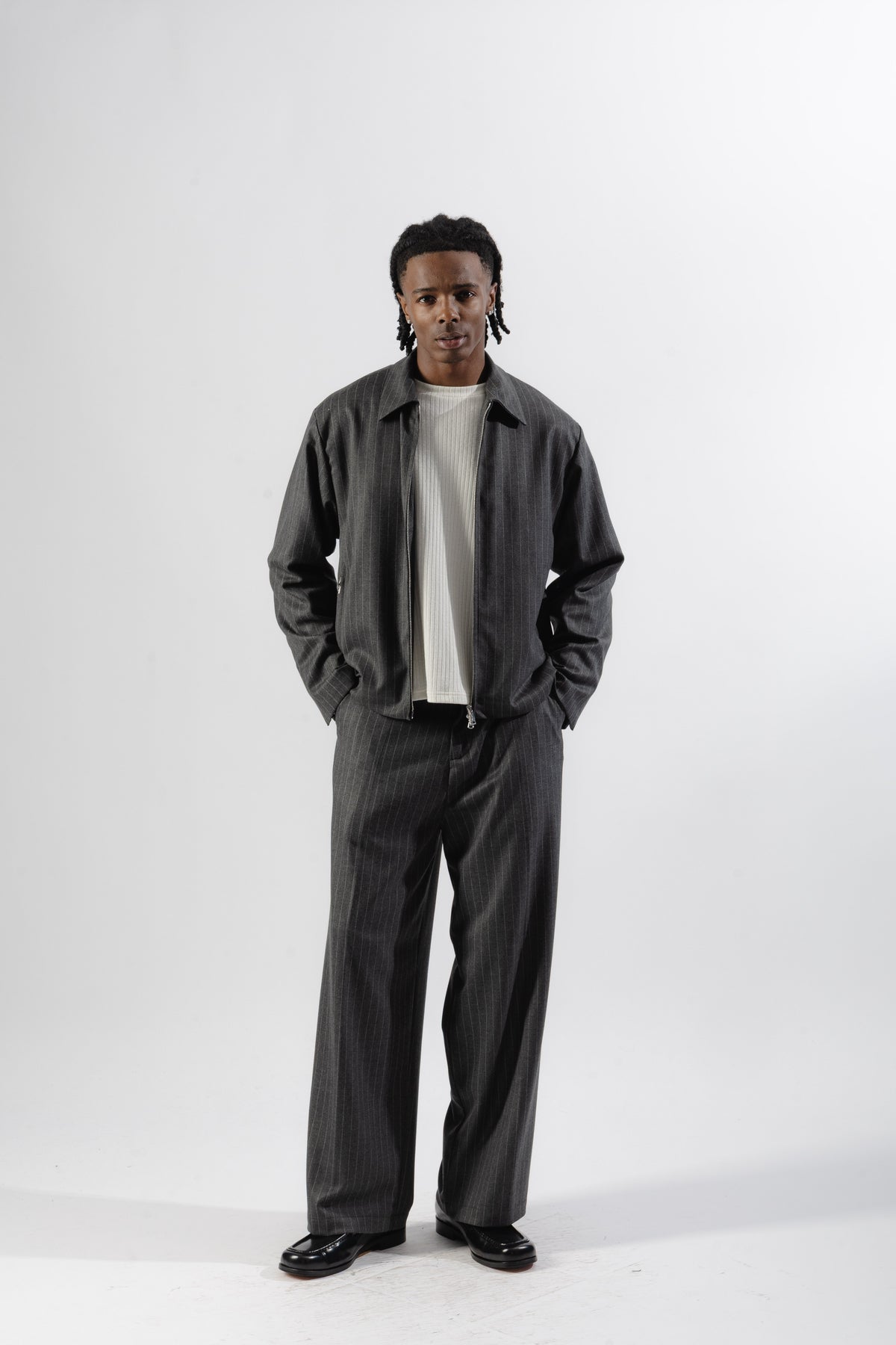 Grey Pinstripe Tailored Zip Jacket