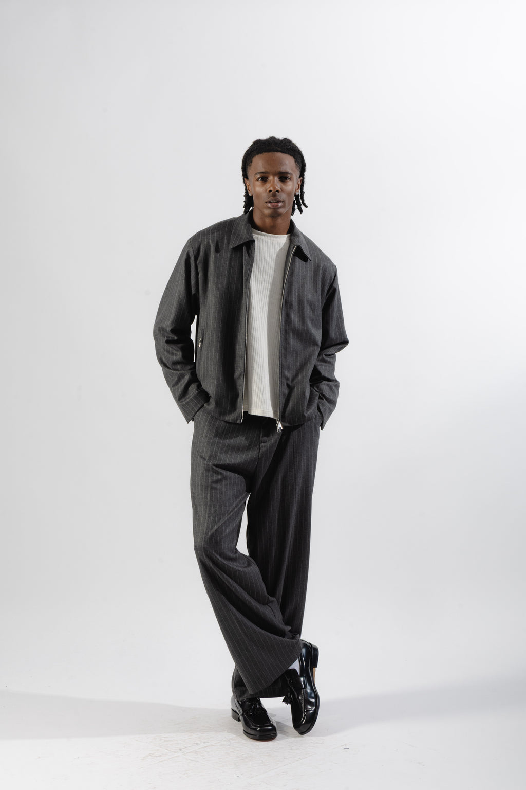 Grey Pinstripe Tailored Zip Jacket