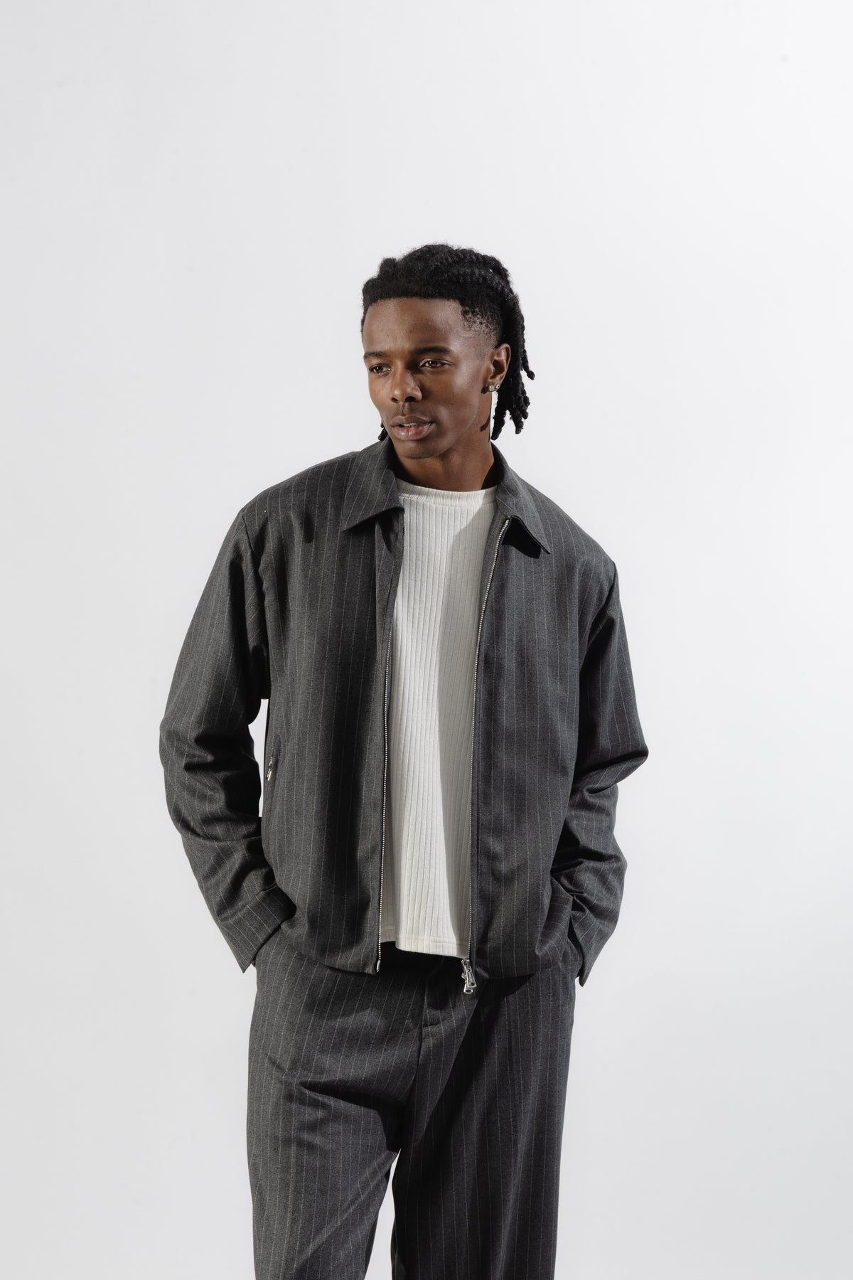 Grey Pinstripe Tailored Zip Jacket