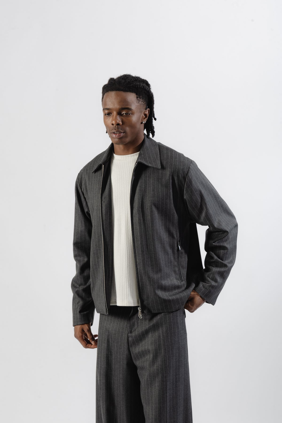 Grey Pinstripe Tailored Zip Jacket