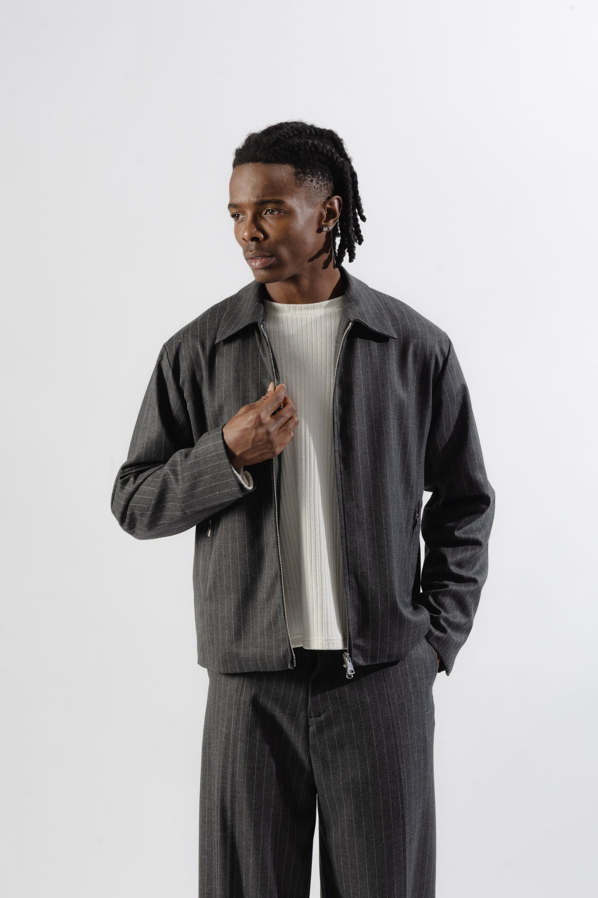 Grey Pinstripe Tailored Zip Jacket
