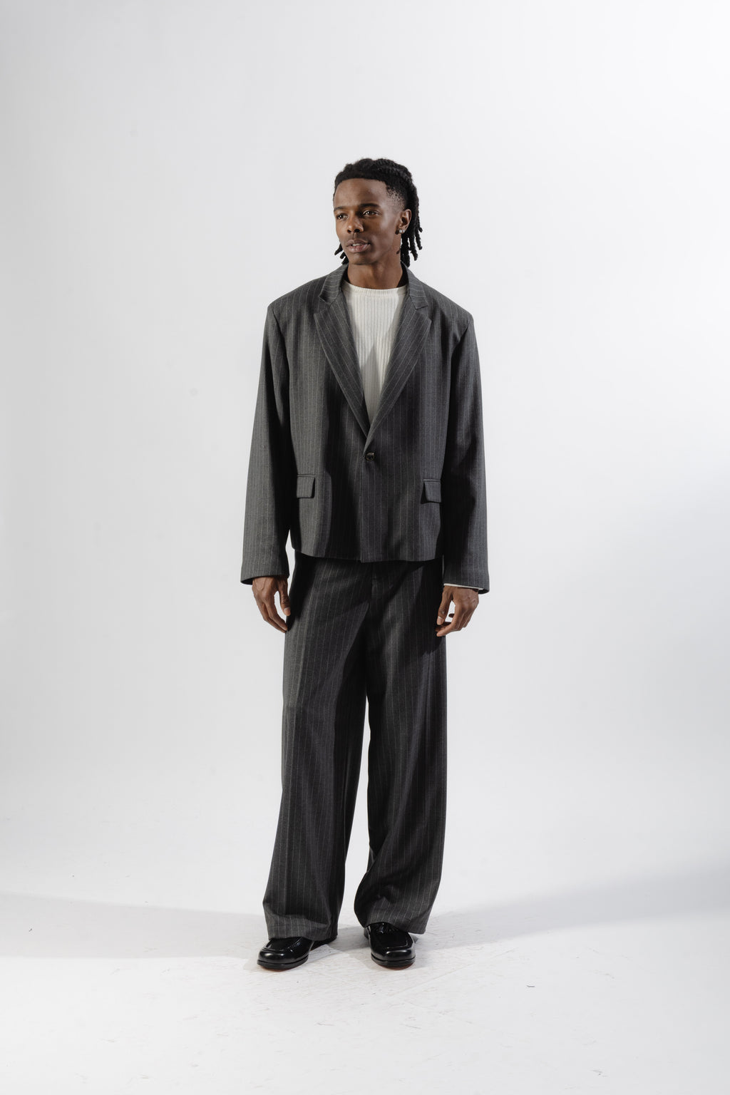 Grey Pinstripe Cropped Single-Breasted Blazer