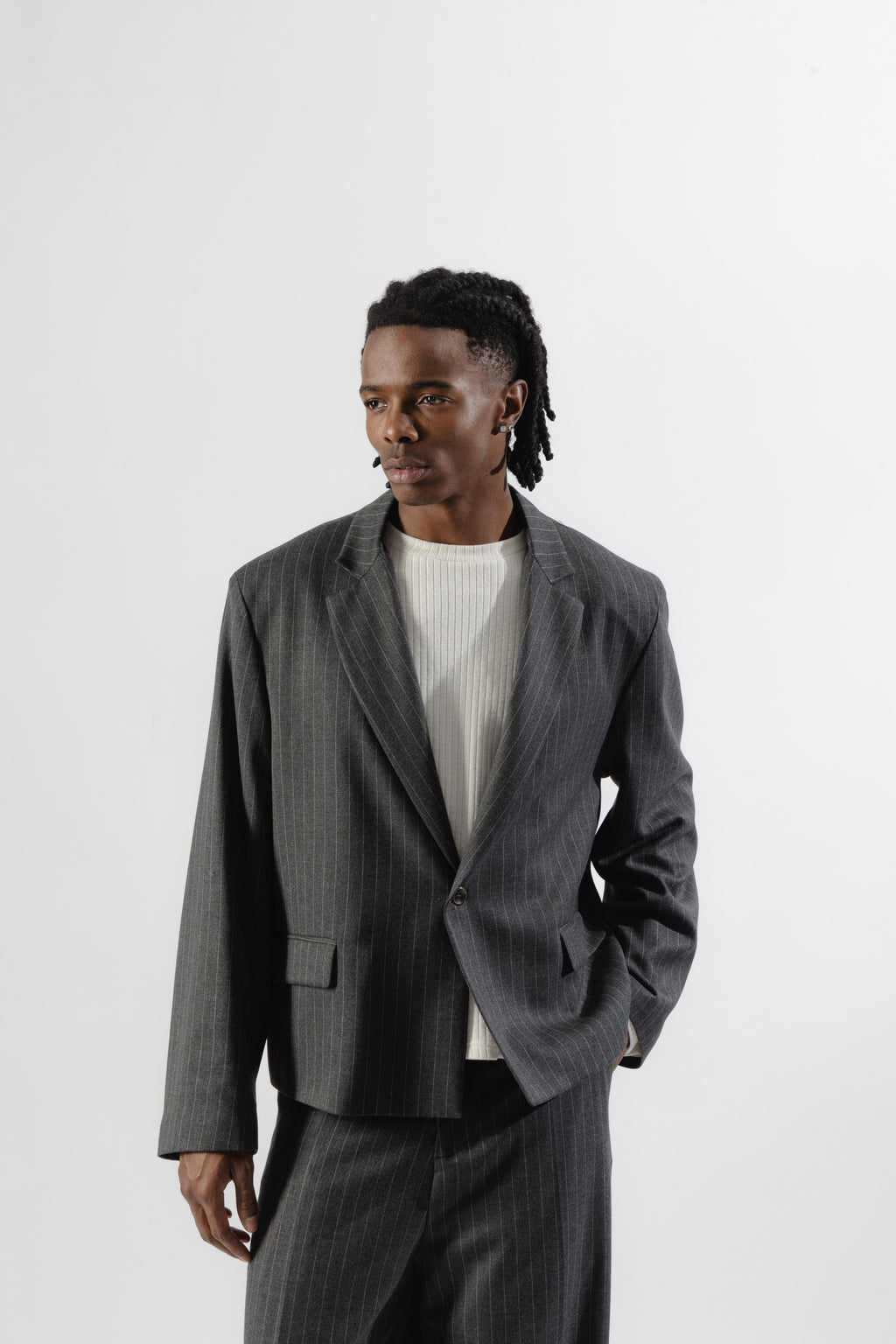 Grey Pinstripe Cropped Single-Breasted Blazer