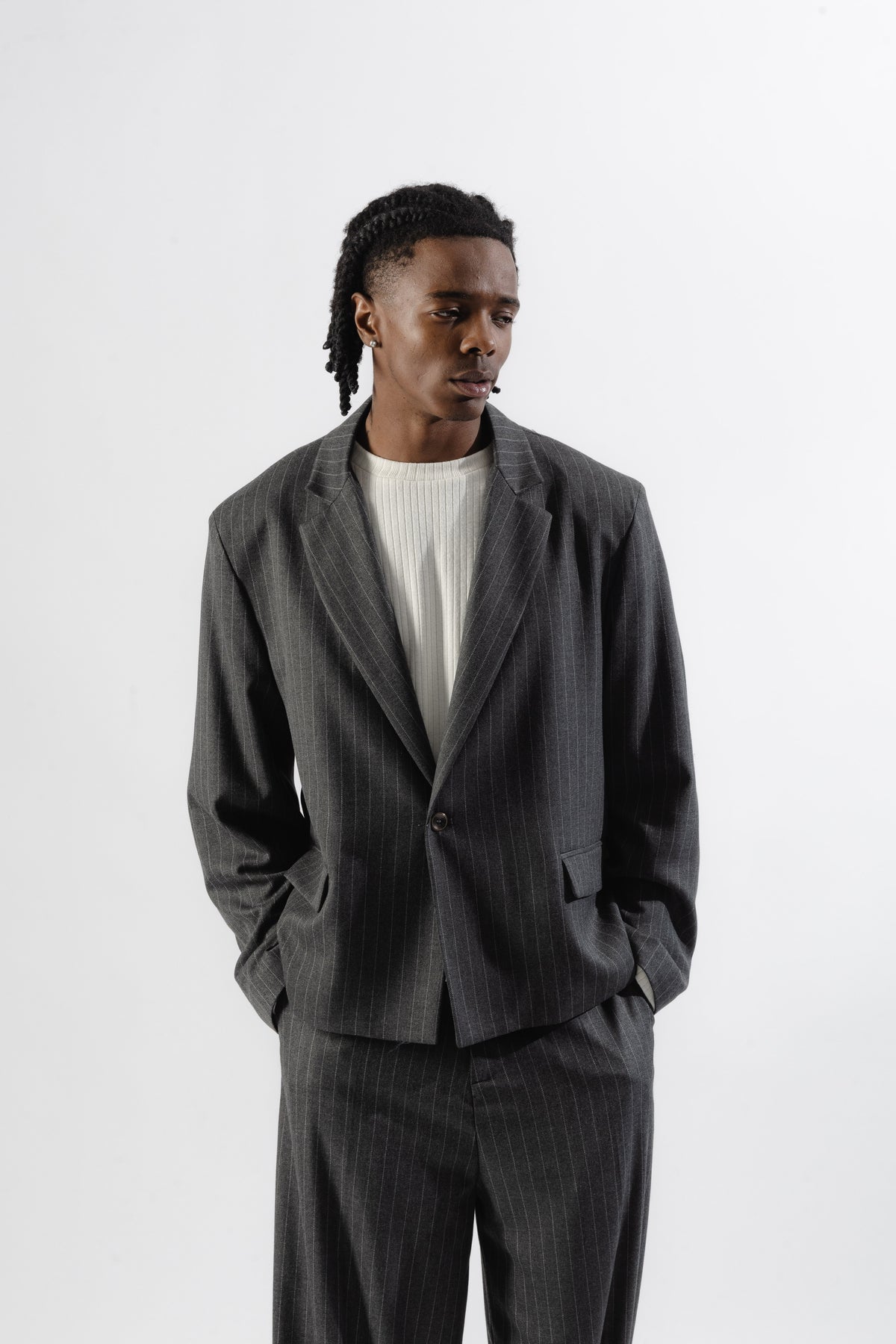 Grey Pinstripe Cropped Single-Breasted Blazer