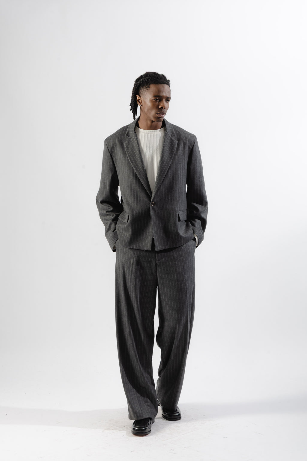 Grey Pinstripe Cropped Single-Breasted Blazer