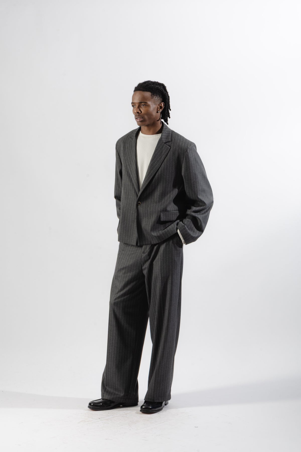 Grey Pinstripe Cropped Single-Breasted Blazer