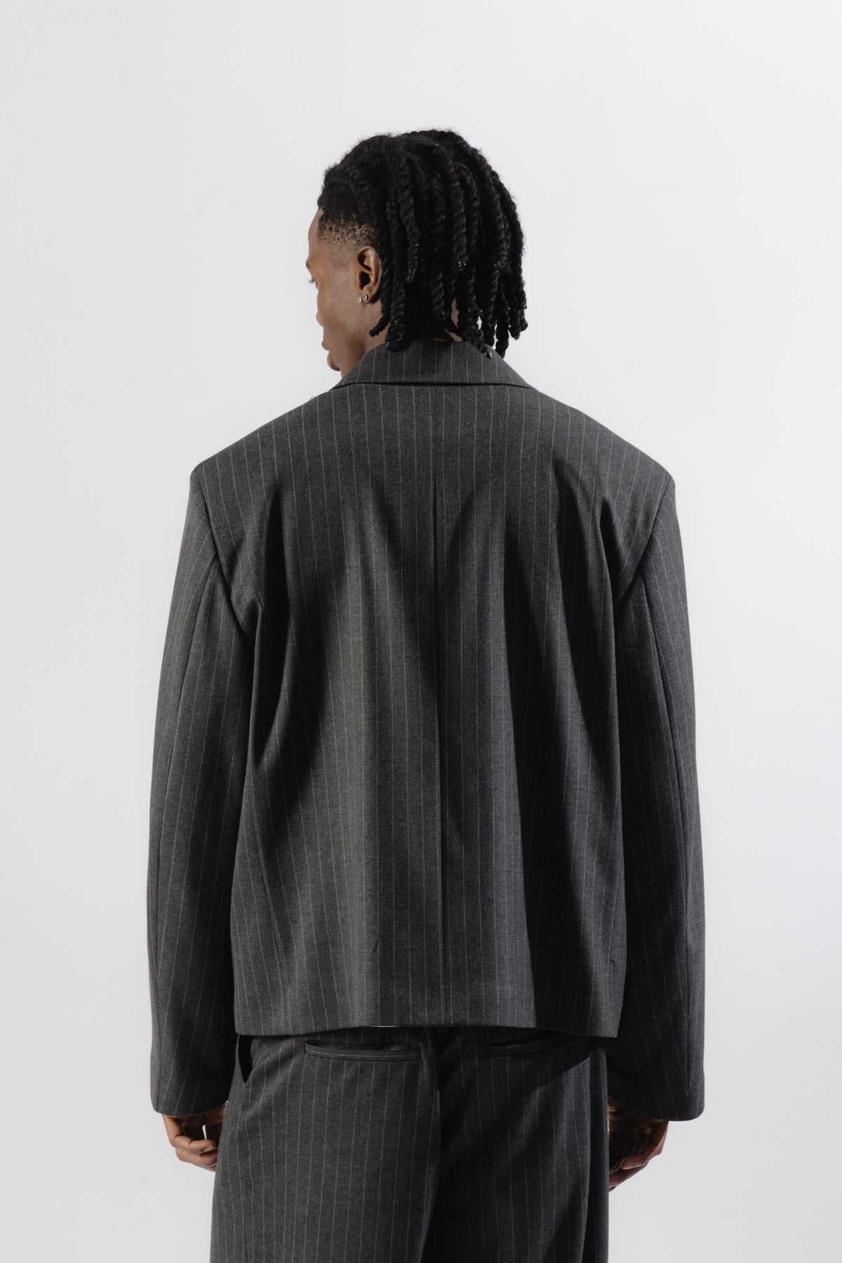 Grey Pinstripe Cropped Single-Breasted Blazer