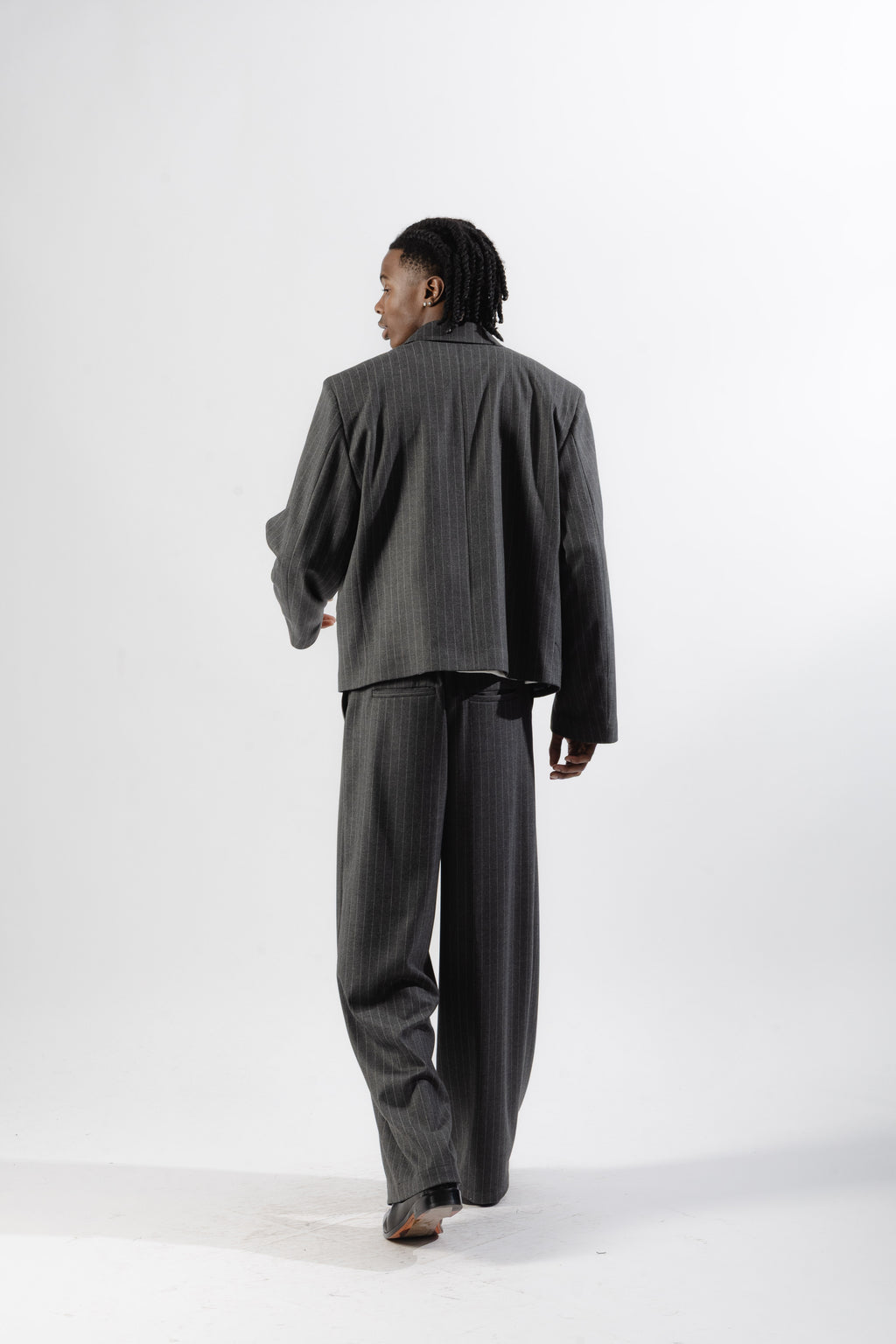 Grey Pinstripe Cropped Single-Breasted Blazer