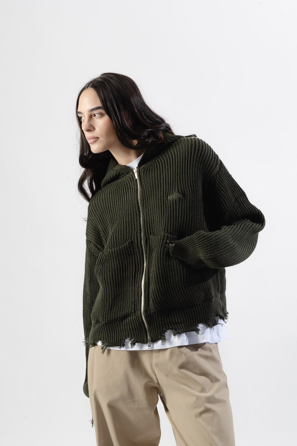 Green Full-Zip Knit Hoodie