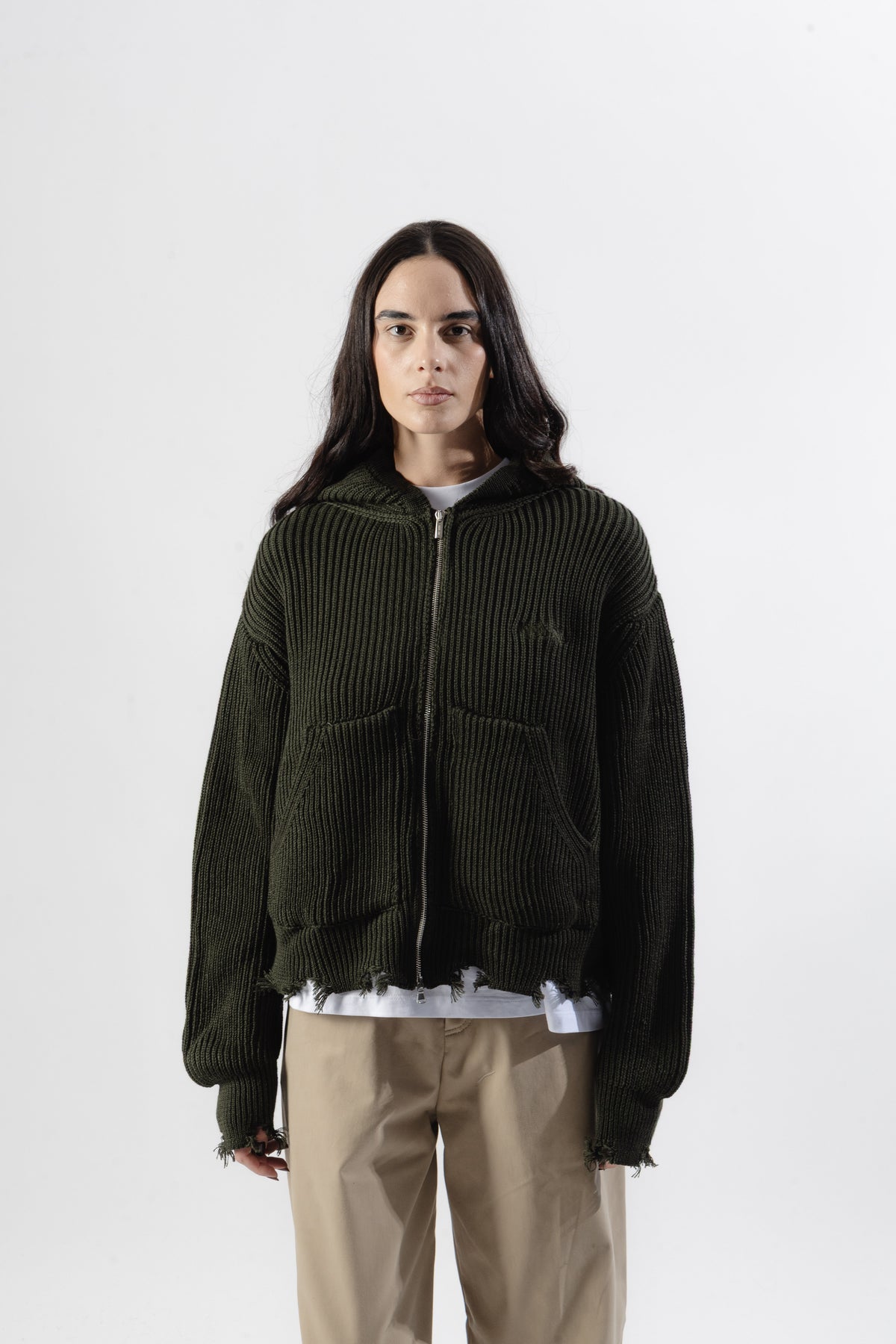 Green Full-Zip Knit Hoodie