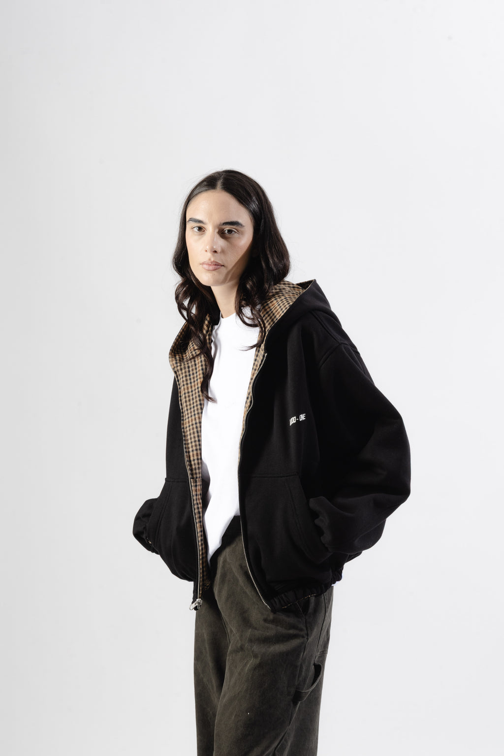 Black / Brown Tartan Reversible Zip Hoodie