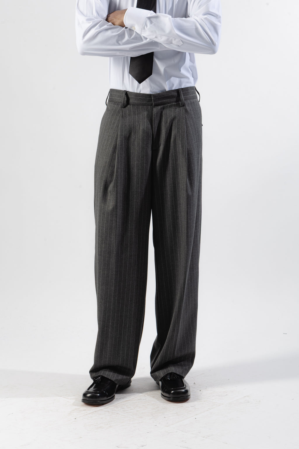 Grey Pinstripe Loose-Fit Tailored Trousers